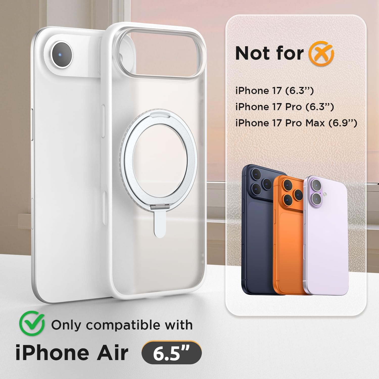 Thumbnail 1 de SURPHY Magnetic for iPhone Air Case with 360° Rotatable Stand and Finger Ring (White) for iPhone 17 Air 6.5