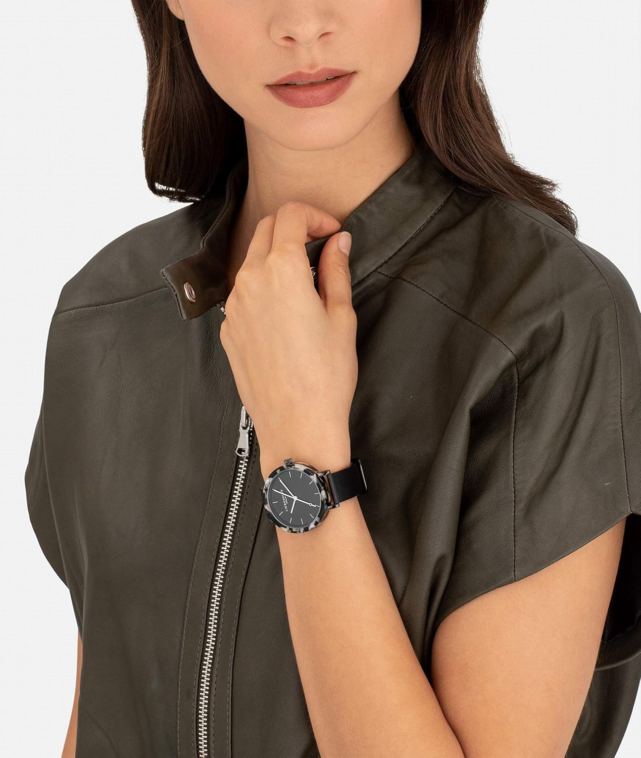 Thumbnail 4 de LIEBESKIND Damen-Armbanduhr mit rundem Gehäuse, gemustertem Acetat-Topring und Lederband