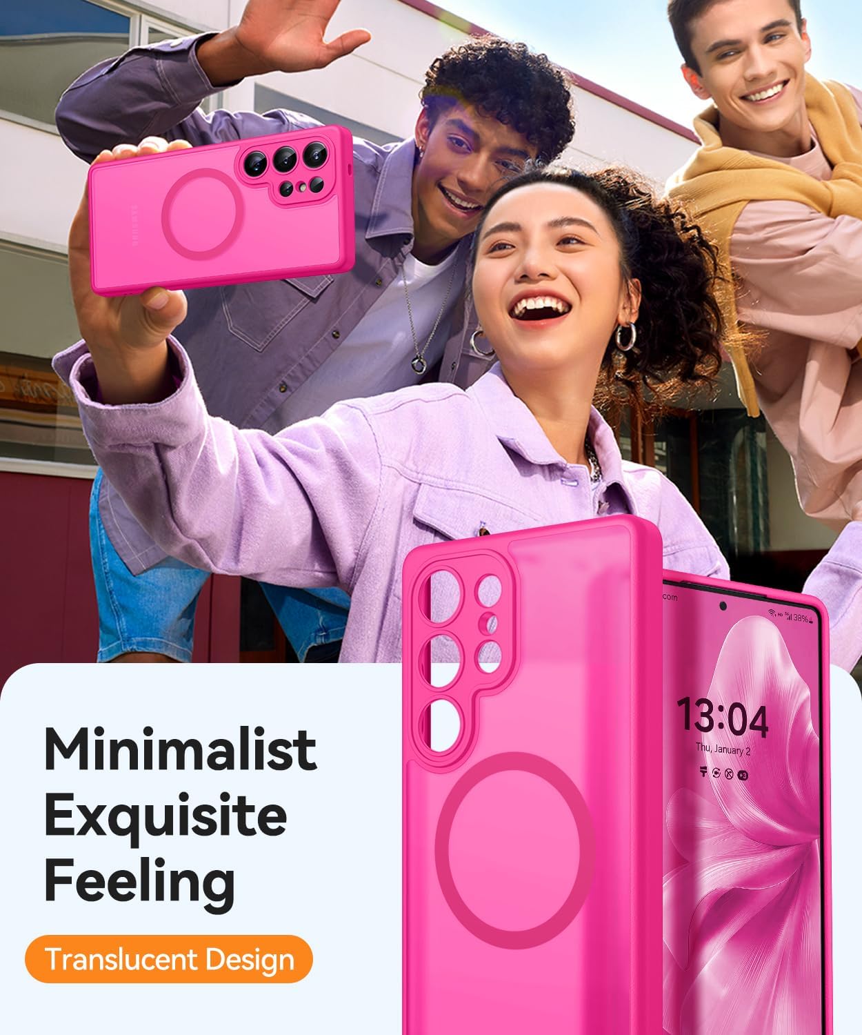 Detalle de CANSHN Magnetic Case for Samsung Galaxy S25 Ultra (6.9 inch) – Full Camera Protection, MagSafe Compatible, Translucent Matte in Hot Pink