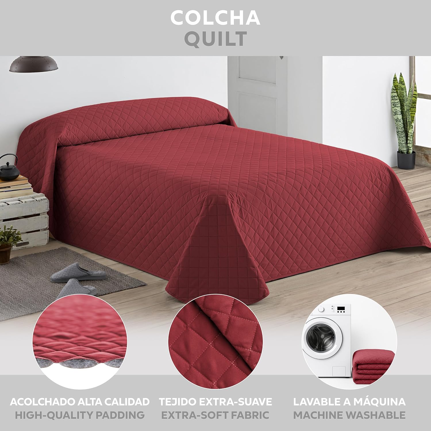 Thumbnail 2 de Easycosy couvre-lit boutis matelassé rouge 230x260 cm pour lit 140x200/150x200