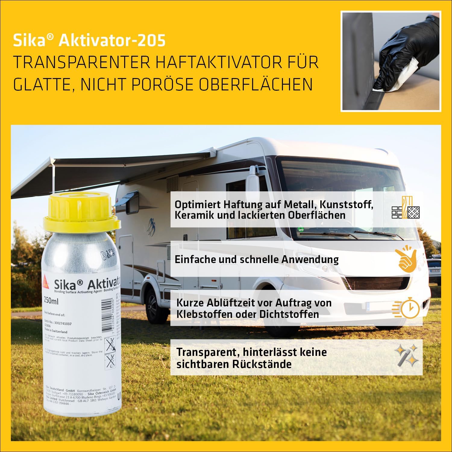Detalle de Sika Aktivator-205 Transparent: Haftreiniger auf Lösemittelbasis für nicht poröse Untergründe (250 ml)