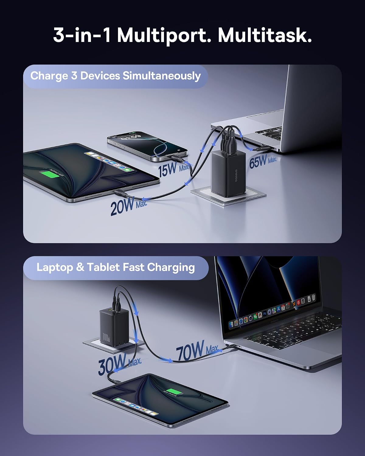 Detalle 2 de Baseus 100W 3-Port Foldable USB-C Charger