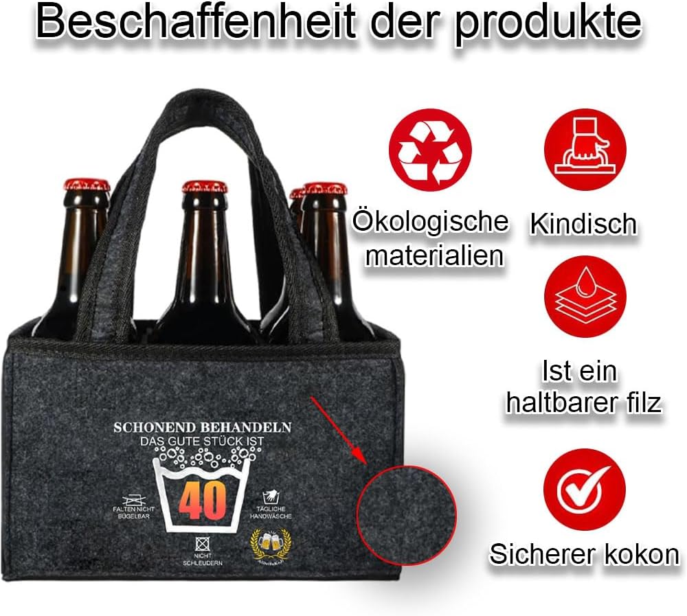 Detalle de AiDeHuaKeJi Männerhandtasche Bier Geschenk zum 40. Geburtstag – Filz-Träger für 6 Flaschen inkl. Öffner & Grußkarte