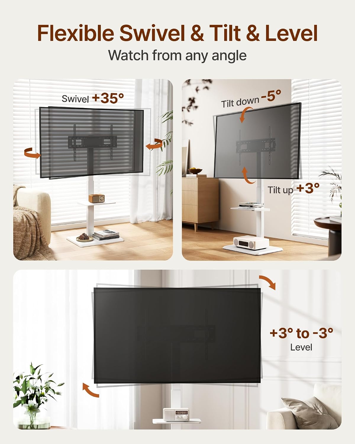 Thumbnail 1 de ECOTINY Steel Base Floor TV Stand for 32-75 inch TVs up to 110 lbs with Leveling, Tilt, and Swivel