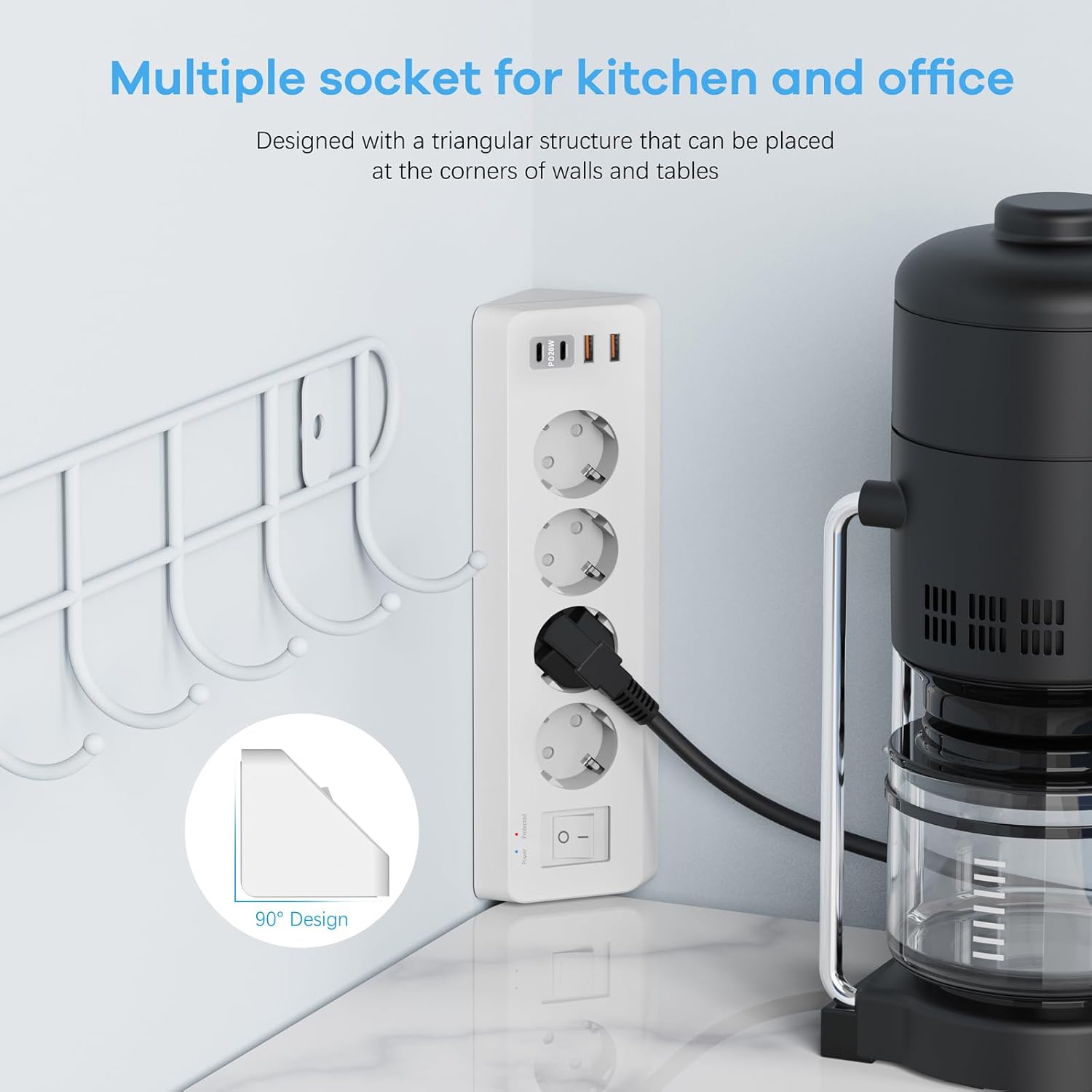 Detalle de SUDEERY 8-in-1 Steckdosenleiste: 4-fach Ecksteckdose mit USB-C PD 20W und USB-A QC 18W