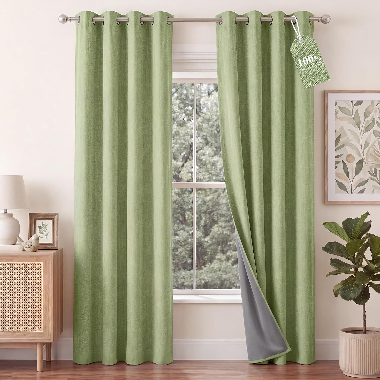 Detalle de NICETOWN 100% Absolutely Blackout Linen Curtains – Olive Green, 52" Wide, 2 Panels (84" Long)