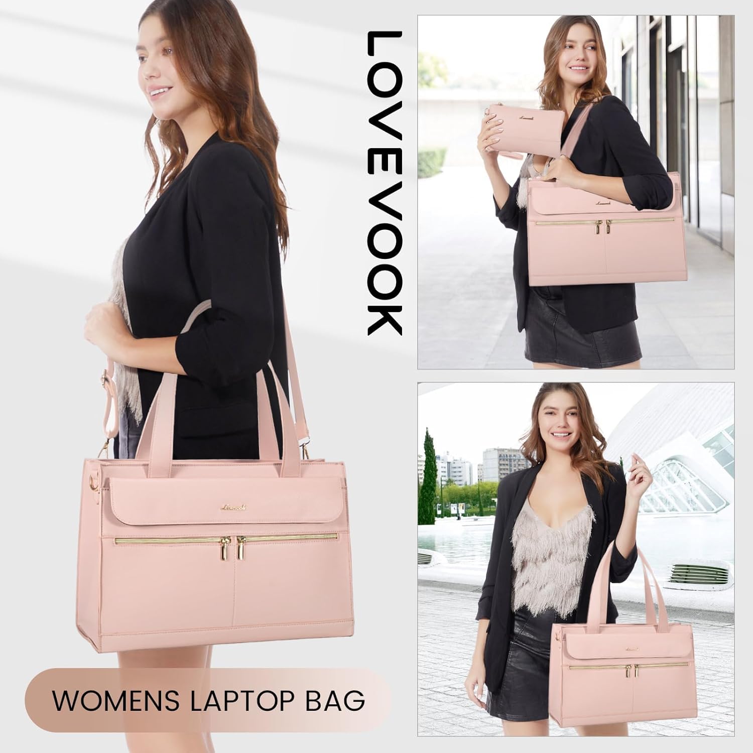 Detalle 2 de LOVEVOOK 15.6 Inch Laptop Tote for Women – Pink PU Leather with Detachable Clutch