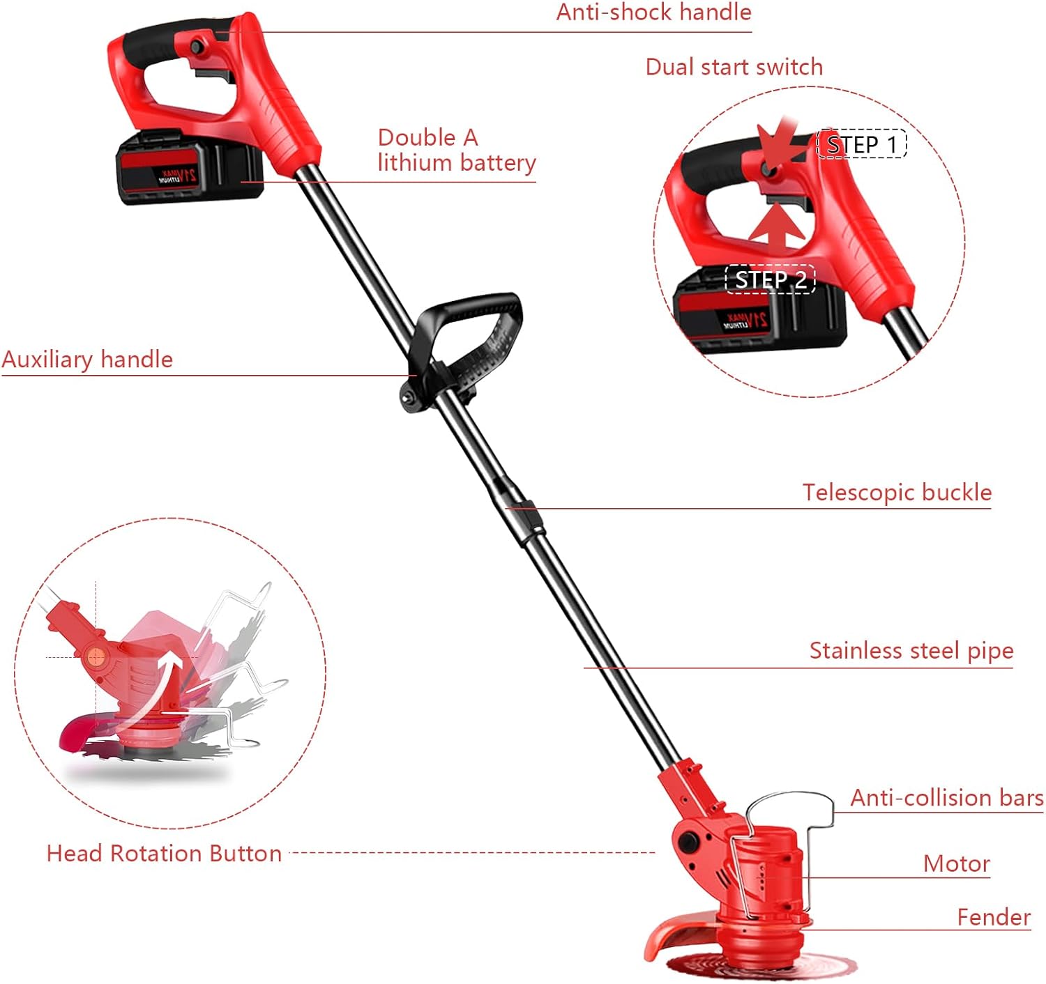 Detalle de Str cordless Telescopic Strimmer with 2x 21V Batteries – Complete Garden Kit