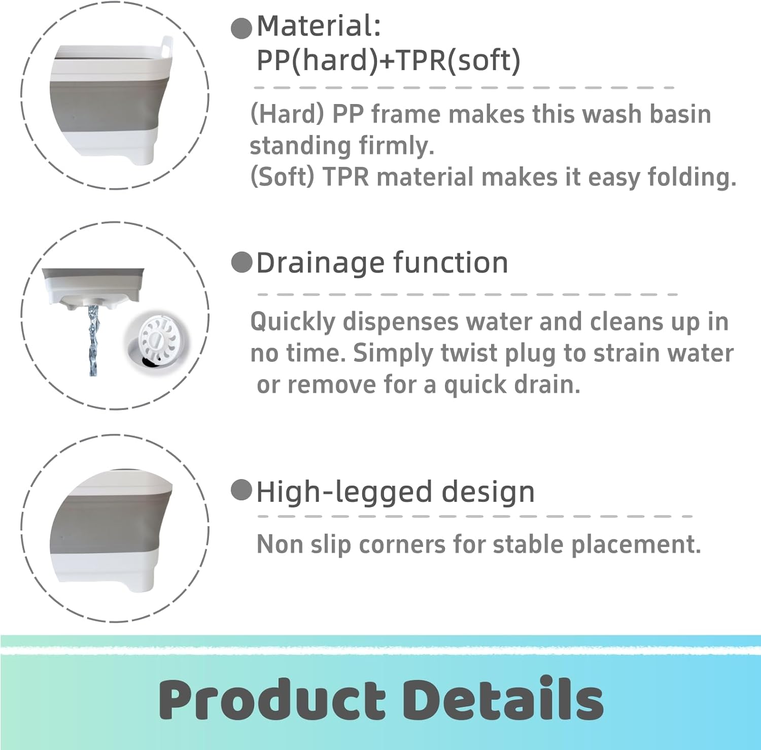 Detalle de GIMWA Collapsible Wash Basin with Drain Plug — 2.4 Gallon Foldable Sink (Gray)