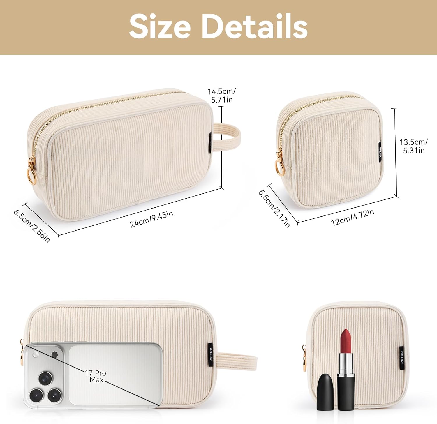 Detalle 2 de KALIDI Corduroy Cosmetic Bag for Women – Portable Make Up Organiser