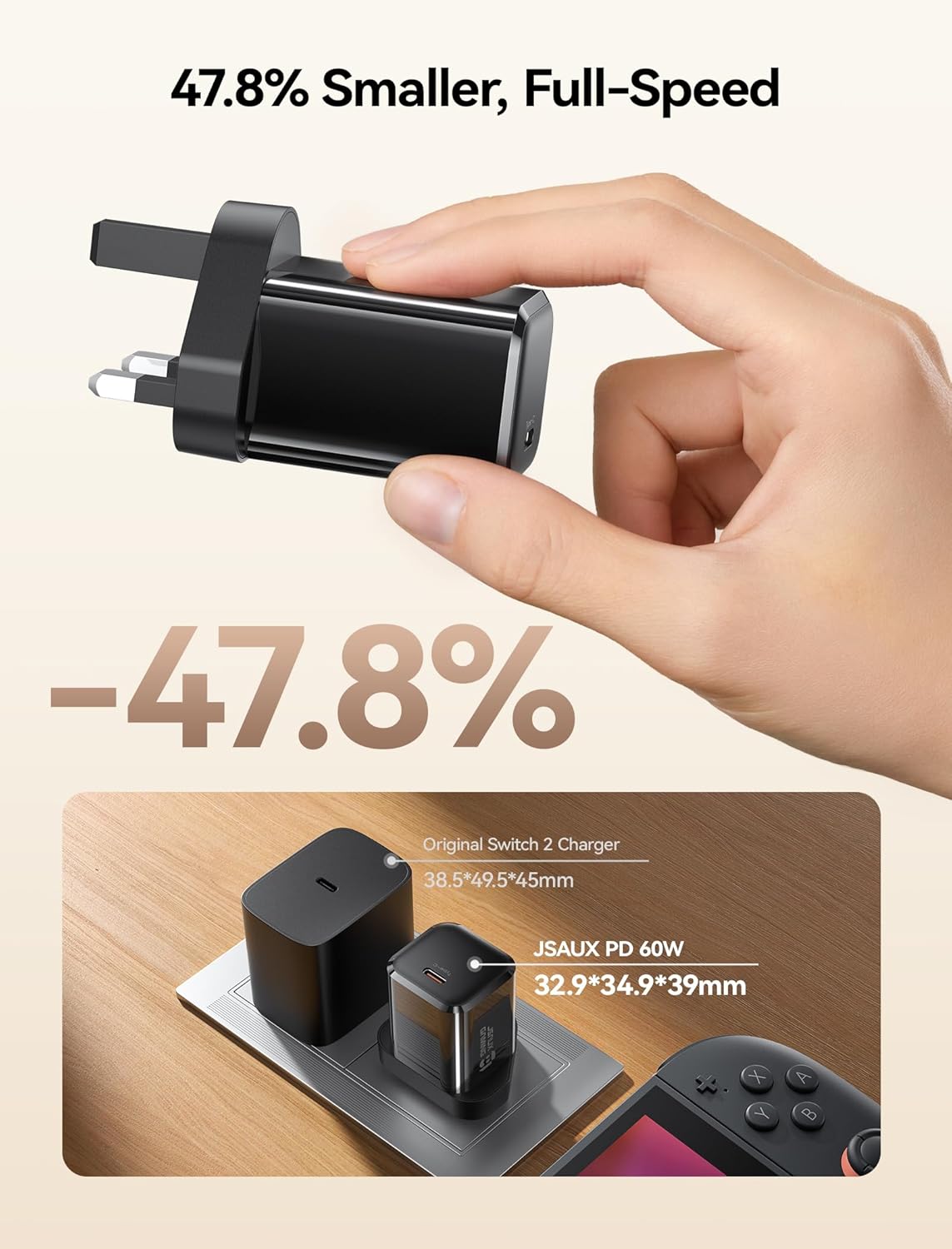 Thumbnail 3 de JSAUX 60W USB-C Charger for Nintendo Switch 2 (TV Mode, GaN) with 2M USB-C Cable