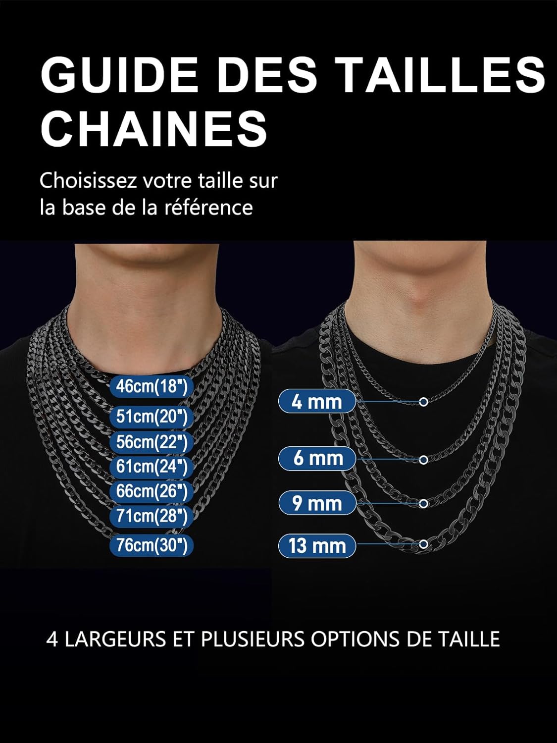 Thumbnail 5 de ChainsPro Collier chaîne cubaine Miami en acier inoxydable 316L (4/6/9/13 mm, 46–76 cm) argent/noir/or en coffret cadeau