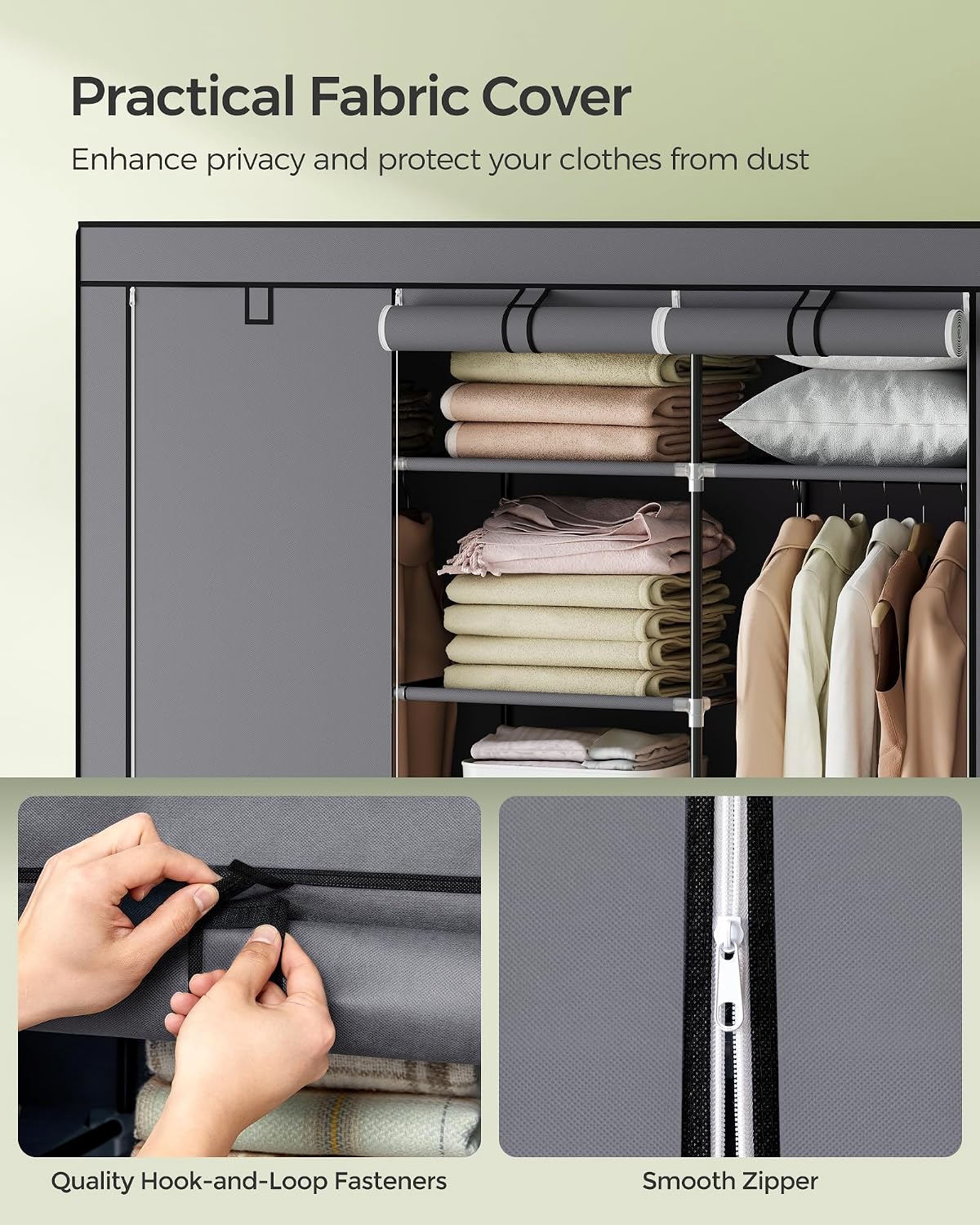 Thumbnail 6 de SONGMICS RYG12G fabric wardrobe cupboard with hanging rails and shelves, 175 x 150 x 45 cm (grey)