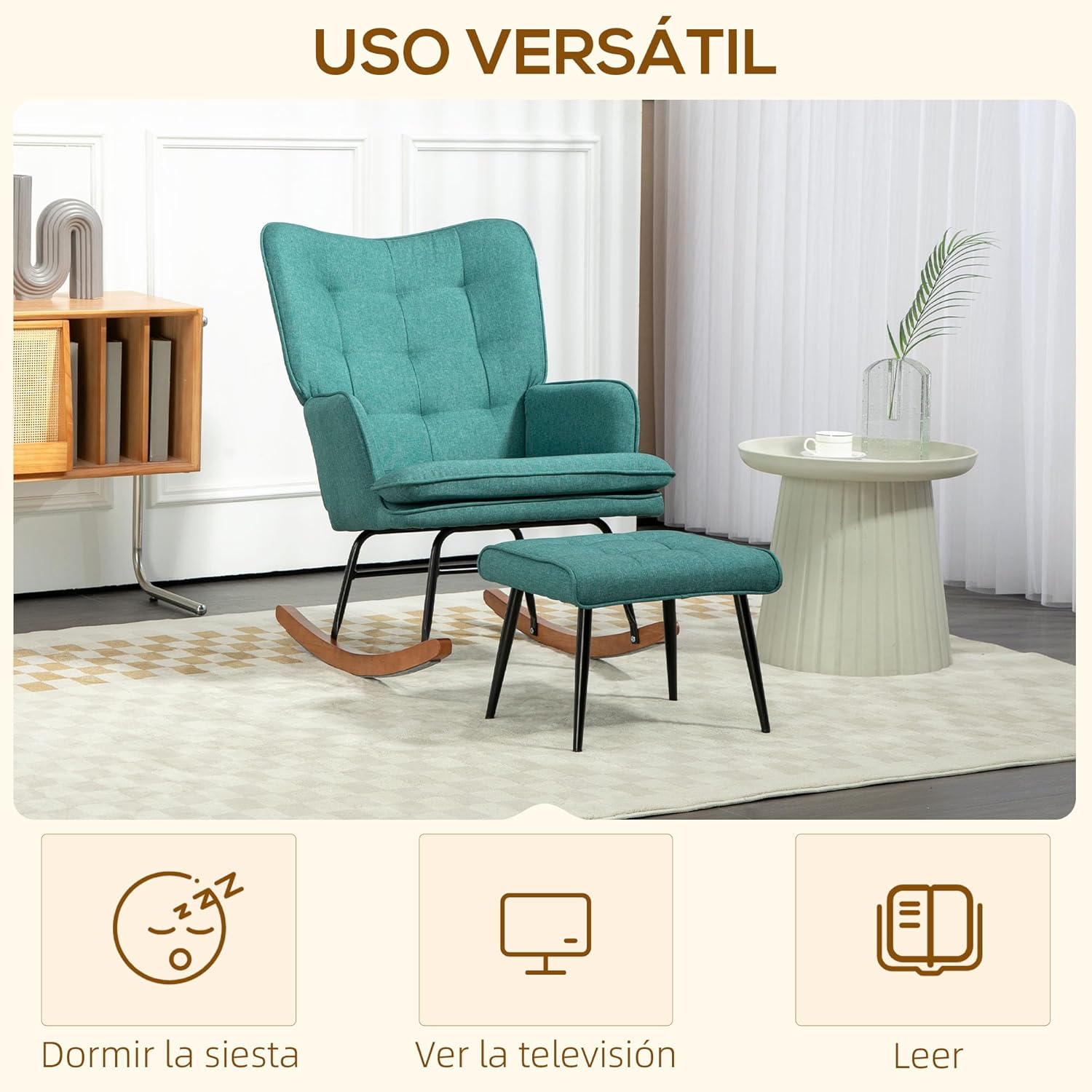 Thumbnail 5 de HOMCOM Silla Mecedora con Reposapiés Verde Azulado