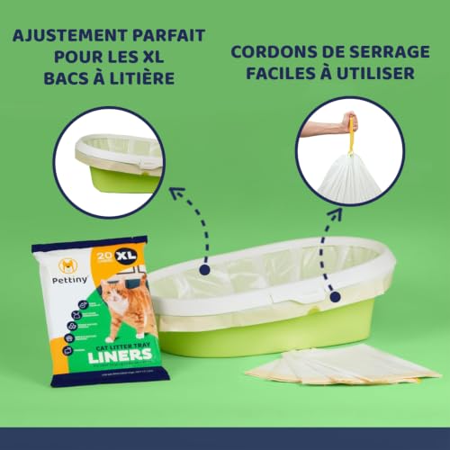 Detalle de Pettiny 20 Sacs XL à Litière pour Chat — Sacs résistants avec cordons et doublures anti-griffures pour grands bacs