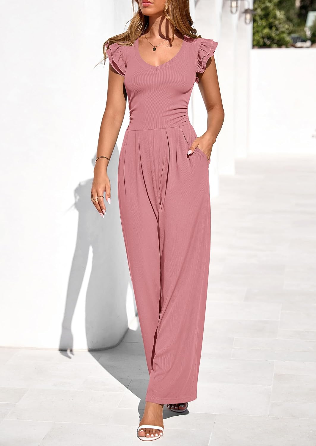 Detalle de PRETTYGARDEN One Piece Jumpsuits for Women — Ribbed Knit, V-Neck, Wide-Leg Romper