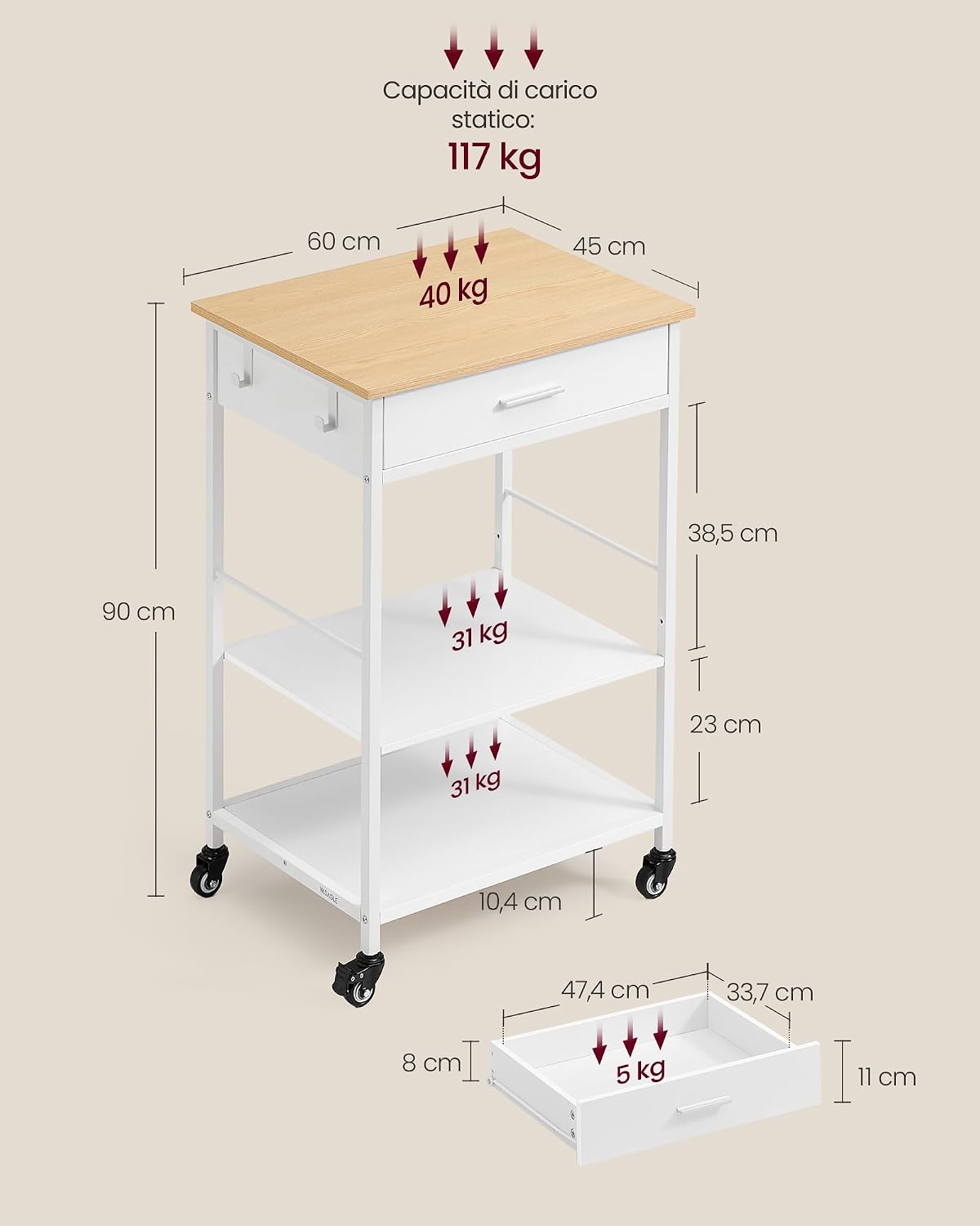 Thumbnail 5 de VASAGLE Isola da Cucina Mobile con Ruote KKI007Y01 – Rovere Beige e Bianco Opaco