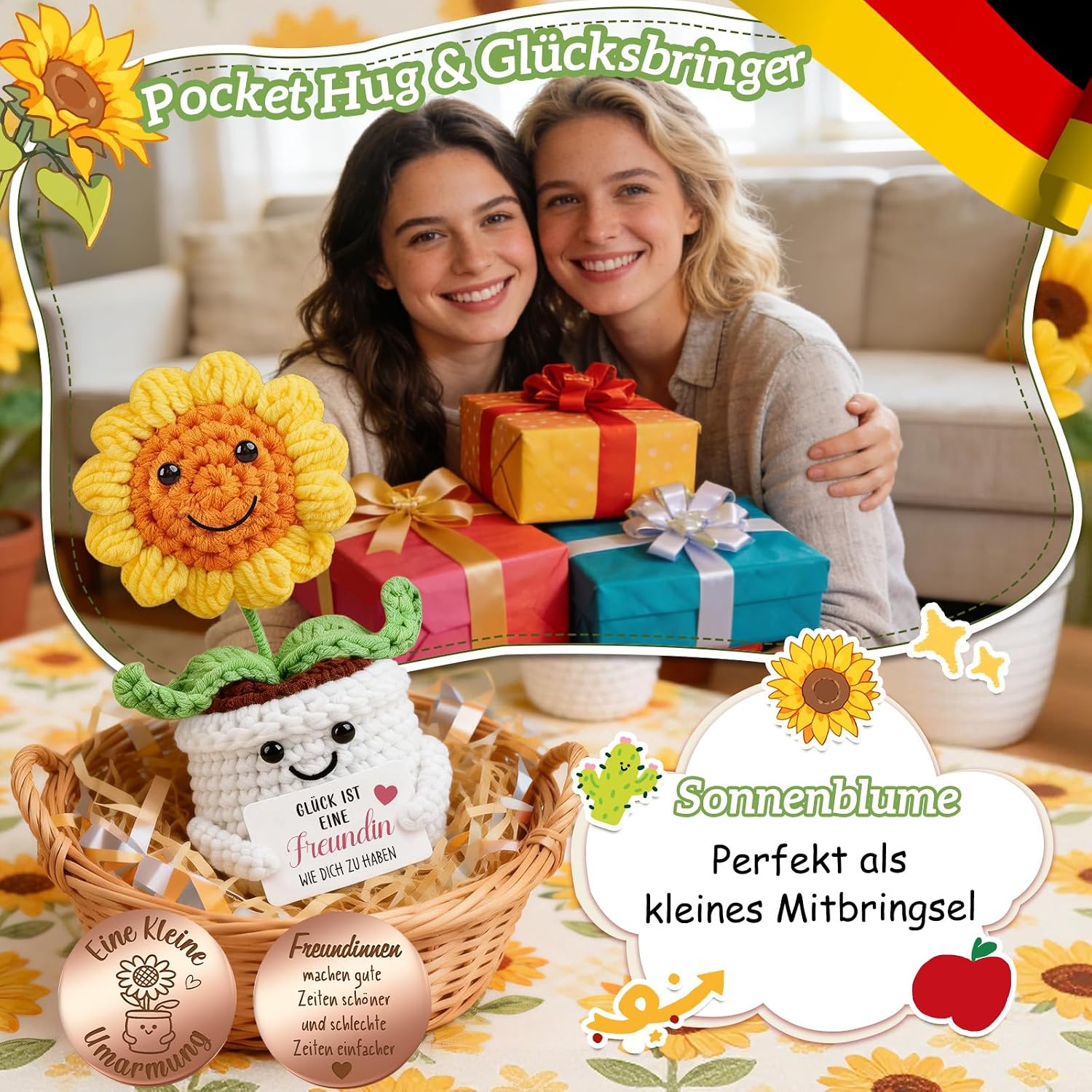 Detalle de Giftota Abschiedsgeschenk für Kollegin: Pocket Hug Vergissmeinnicht mit Glücksmünze & Lederetui
