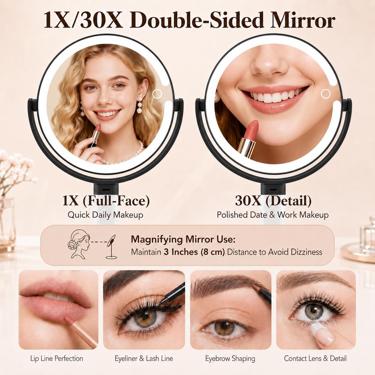 Detalle de MOMOKUBA Lighted Makeup Mirror, 1X/30X Magnification, Rechargeable, 3 Light Modes