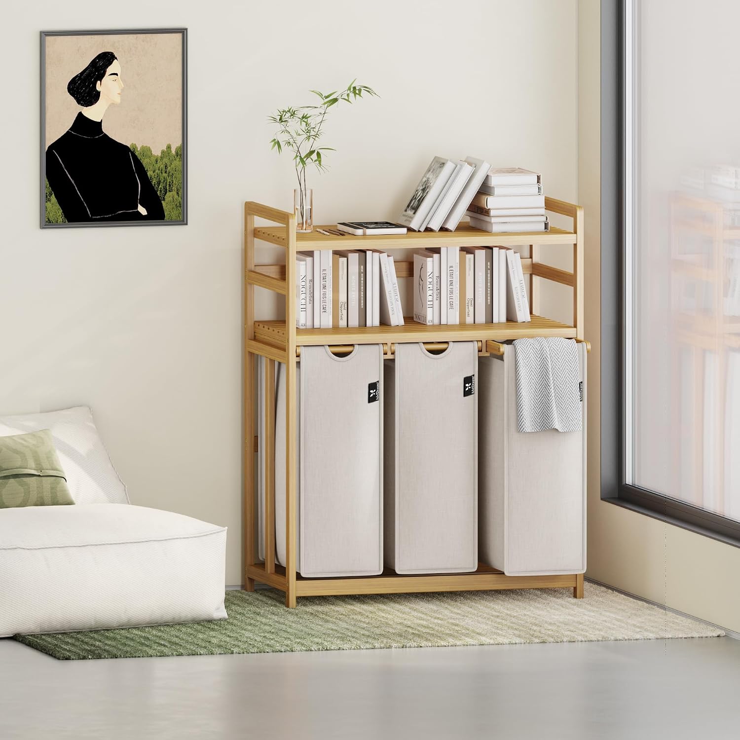 Detalle de ADEL DREAM Kuche-06 wasmand 150 l met 3 vakken, bamboe frame en 2 legplanken