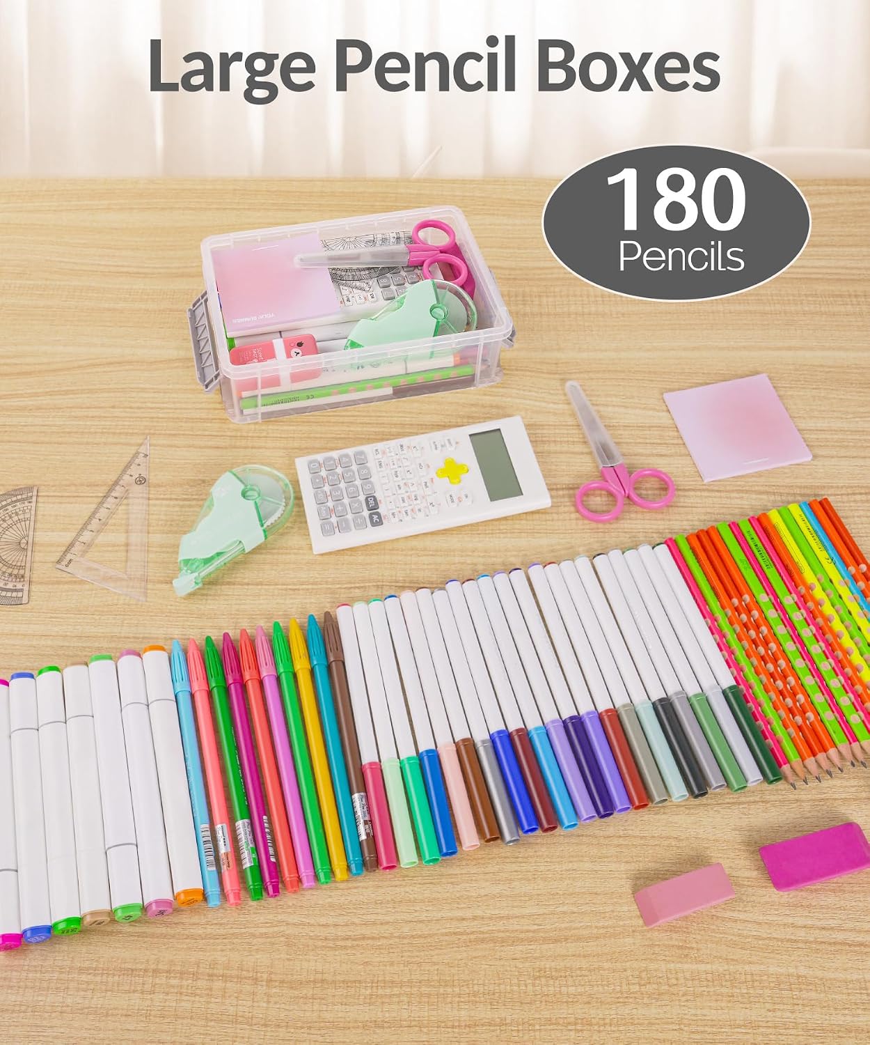 Detalle 2 de Sooez 6-Pack Extra-Large Pencil Boxes, Stackable Clear Plastic Cases