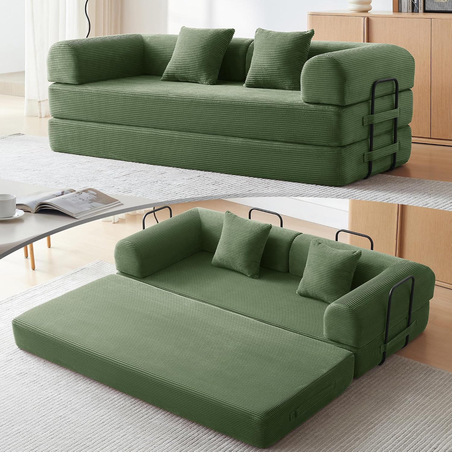 Detalle de QQR 1 79-Inch Convertible Sofa Bed, Dark Green Corduroy Modular Couch
