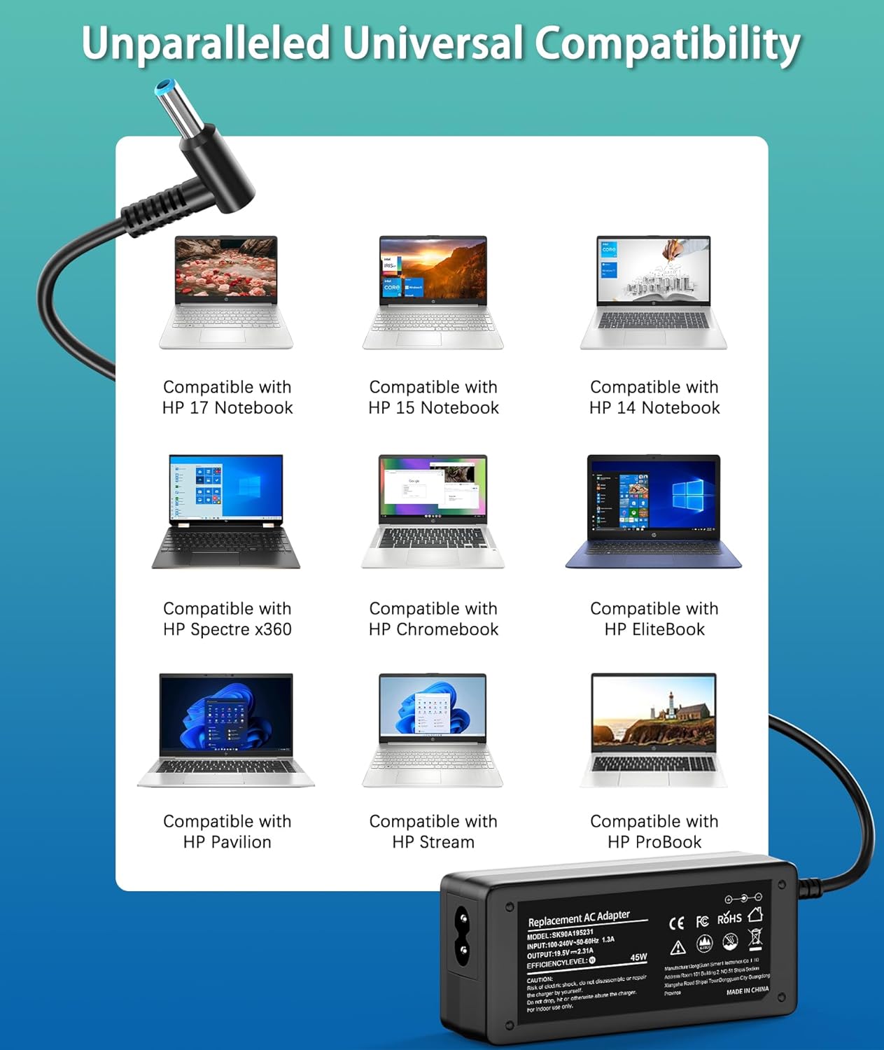 Detalle de YOBVTBF 45W Laptop Charger — Compatible with HP Pavilion, EliteBook, and more