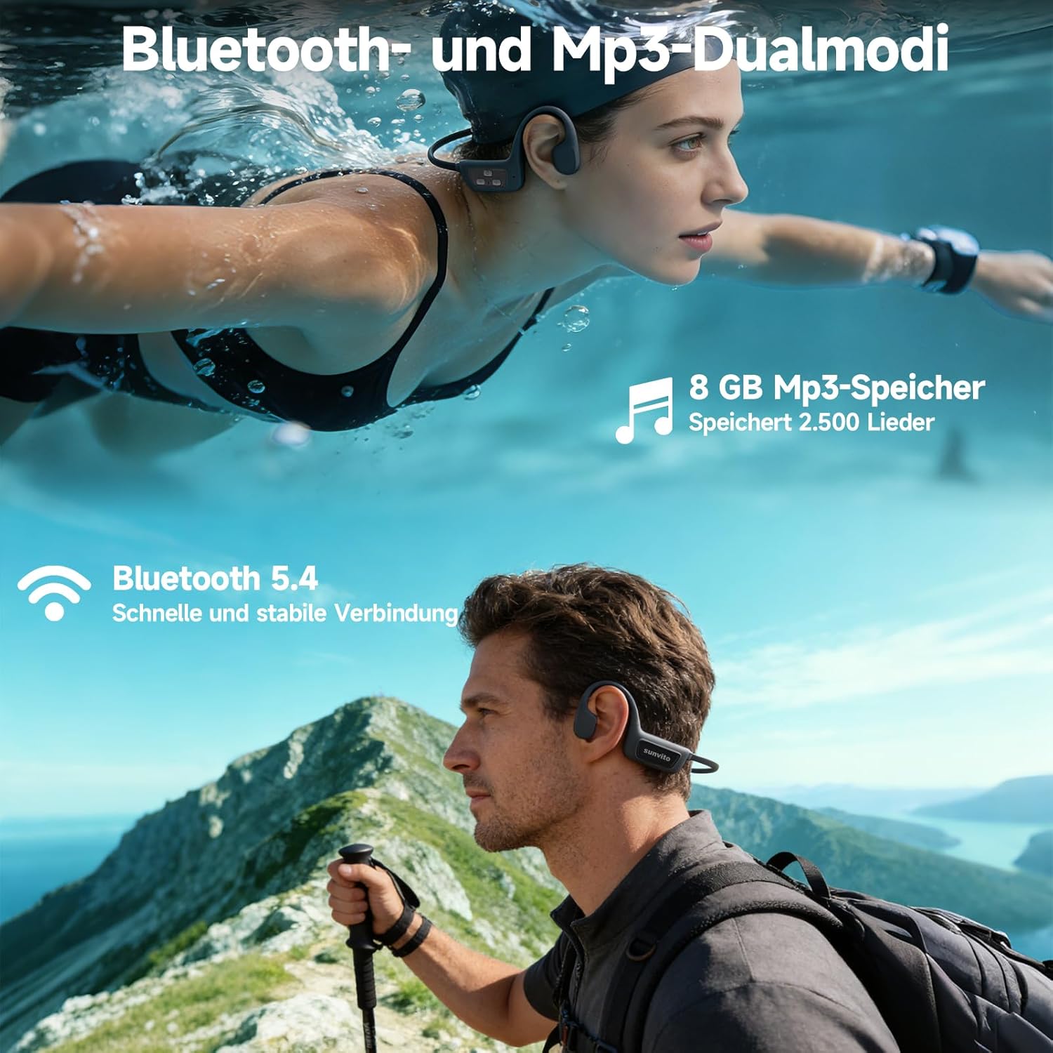 Thumbnail 5 de sunvito Kopfhörer Schwimmen mit Knochenschall, Bluetooth 5.4, IPX8 und 8G Speicher