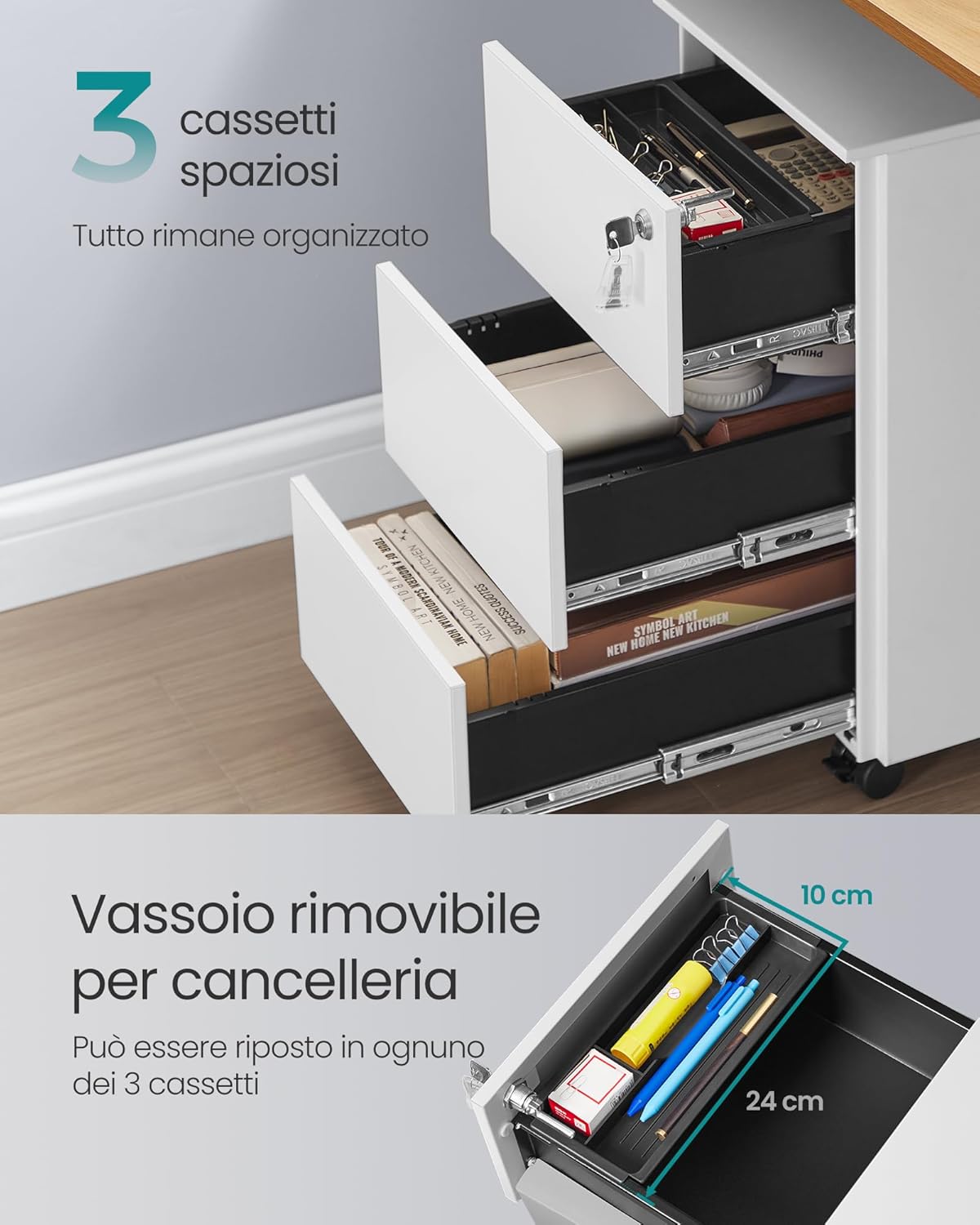 Detalle 2 de SONGMICS Cassettiera da Ufficio Studio Scrivania: 3 cassetti, ruote, chiusura, 40 x 30 x 54 cm, Bianco Opaco OFC079W01