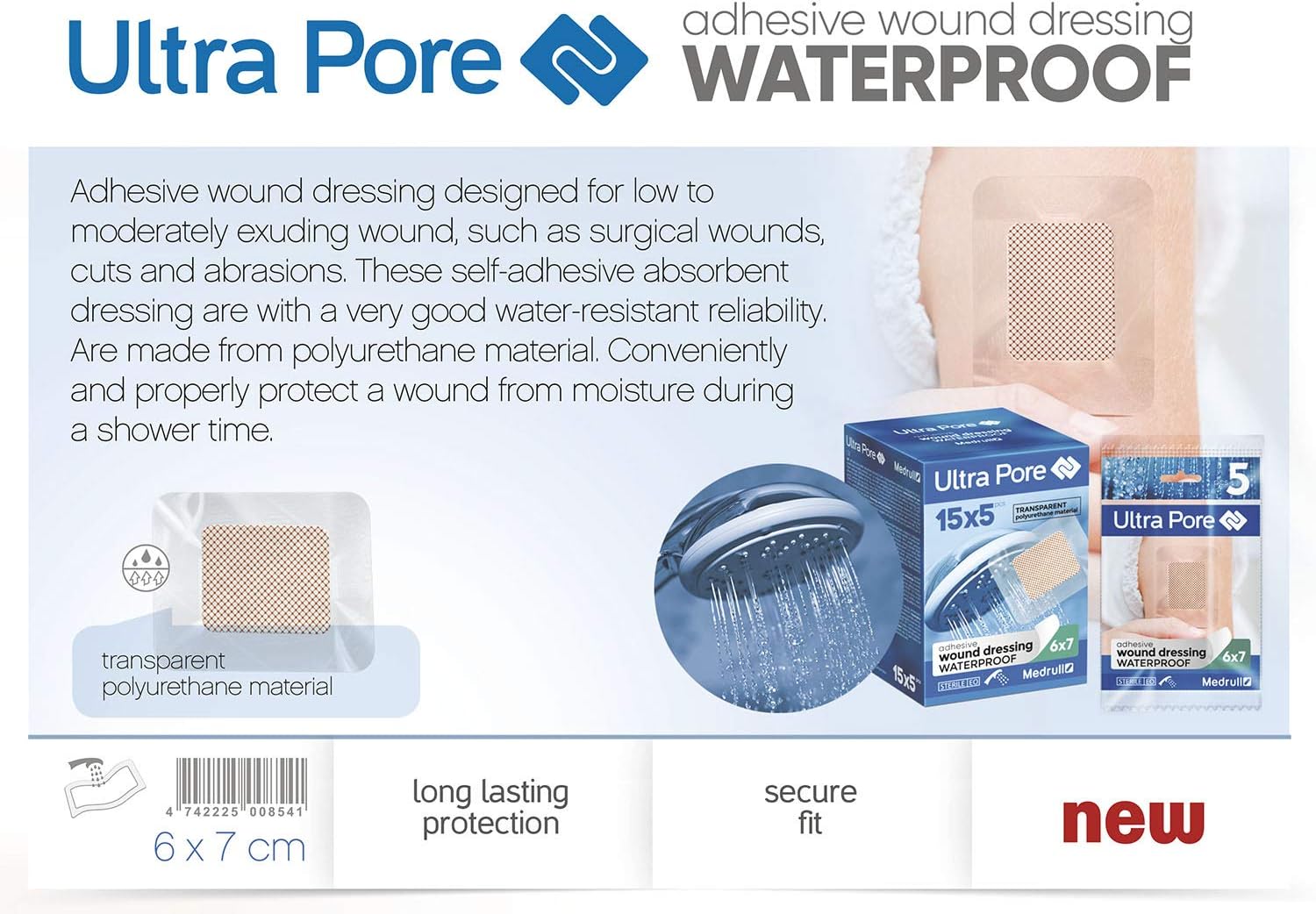 Detalle de Medrull Wasserfestes Wundpflaster 9x10 cm – Ultra Pore, steril, transparent, starker Halt