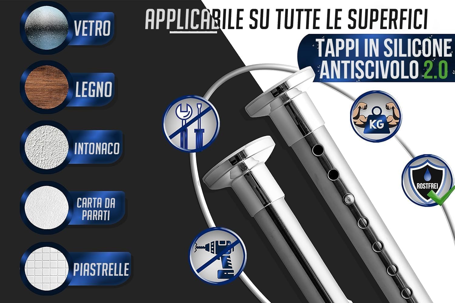Detalle de MEISENBERG Bastone Doccia a Pressione 260-310 cm in Argento Ø 32 mm – asta telescopica per tende
