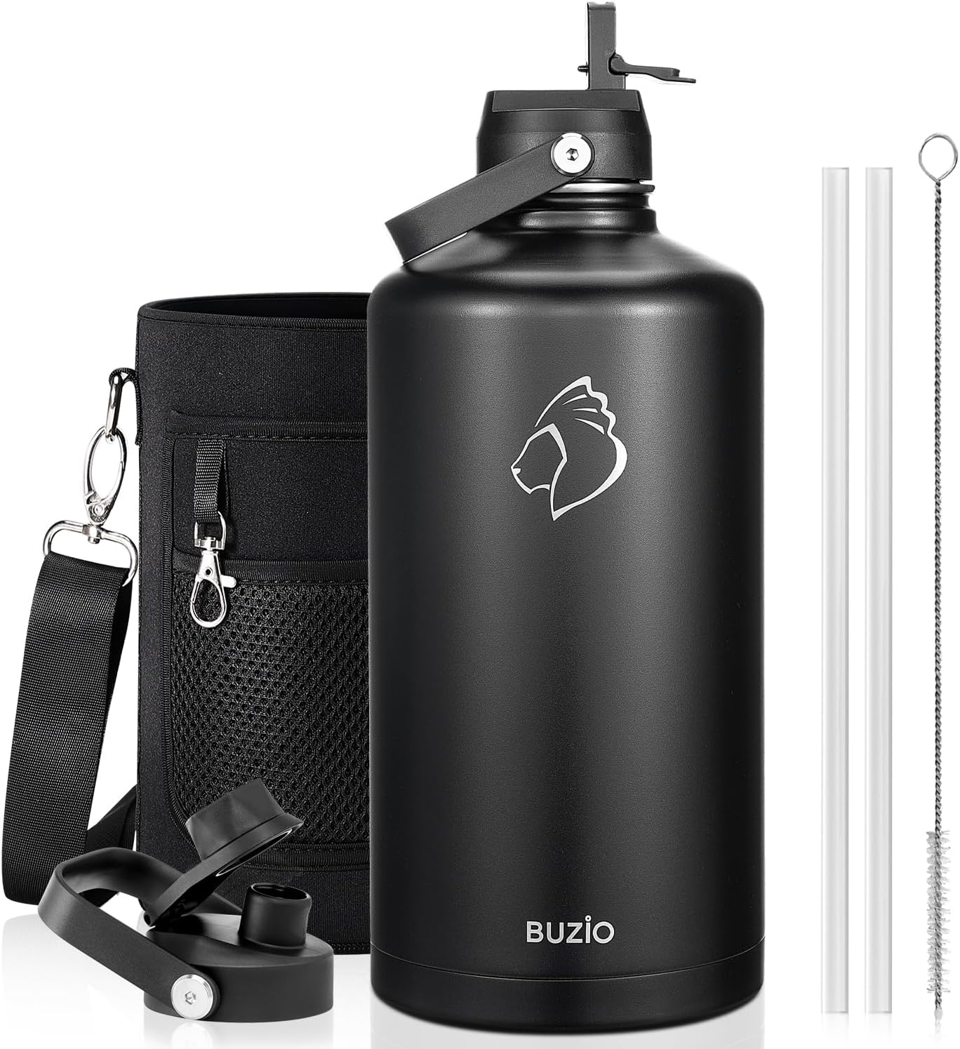 Detalle de BUZIO 1 Gallon Water Jug with Straw Handle Lid – 128oz Stainless Steel Insulated Bottle