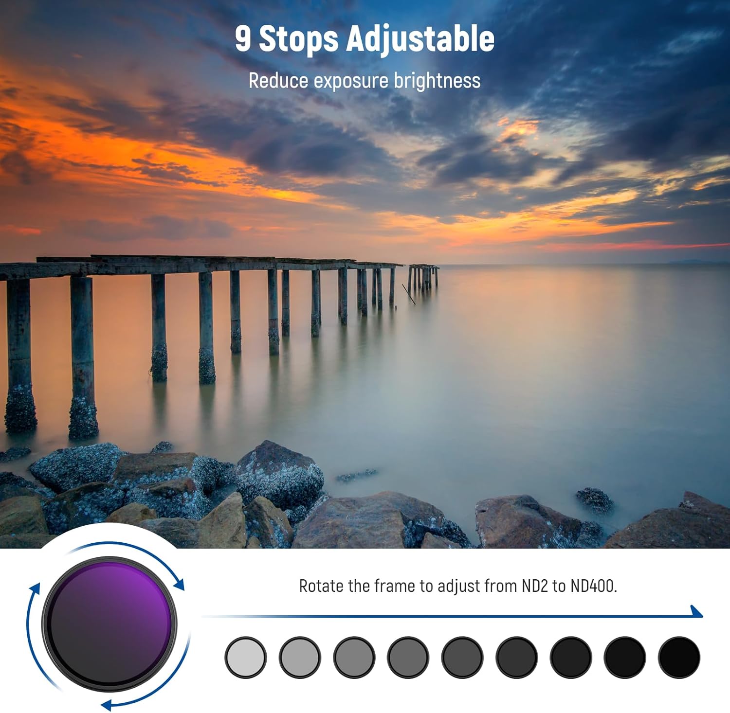 Thumbnail 1 de NEEWER filtro ND variabile 62mm ND2-ND400 (1–9 stop) con copriobiettivo e accessori
