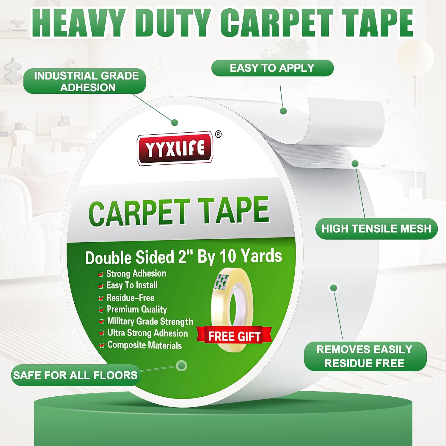 Detalle de YYXLIFE Carpet Tape, Double-Sided Rug Tape, 2 in x 10 yd, White
