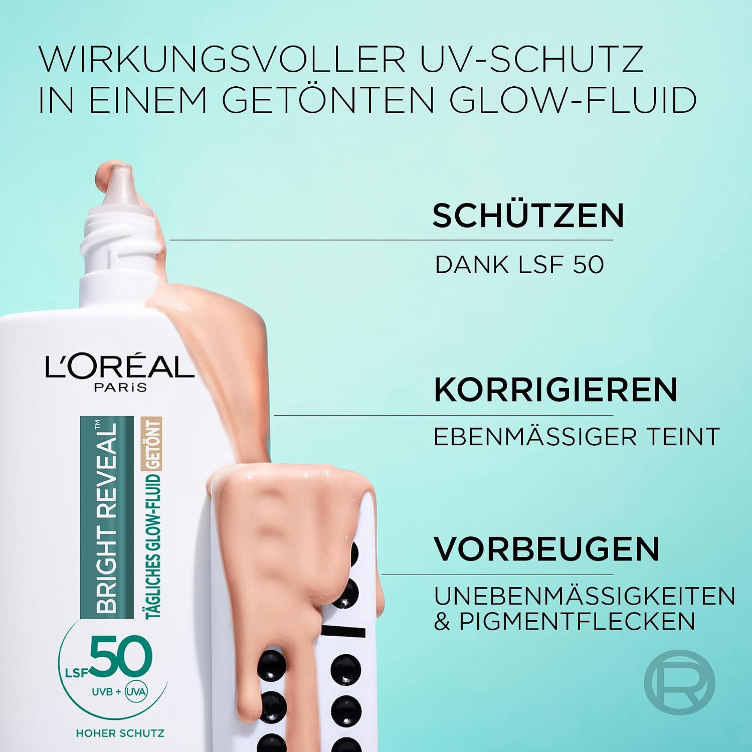 Detalle de L’Oréal Tägliches Getöntes UV Glow-Fluid LSF 50 mit Niacinamid + Glow-Pigmenten, Farbe Hell (Bright Reveal) – 50 ml