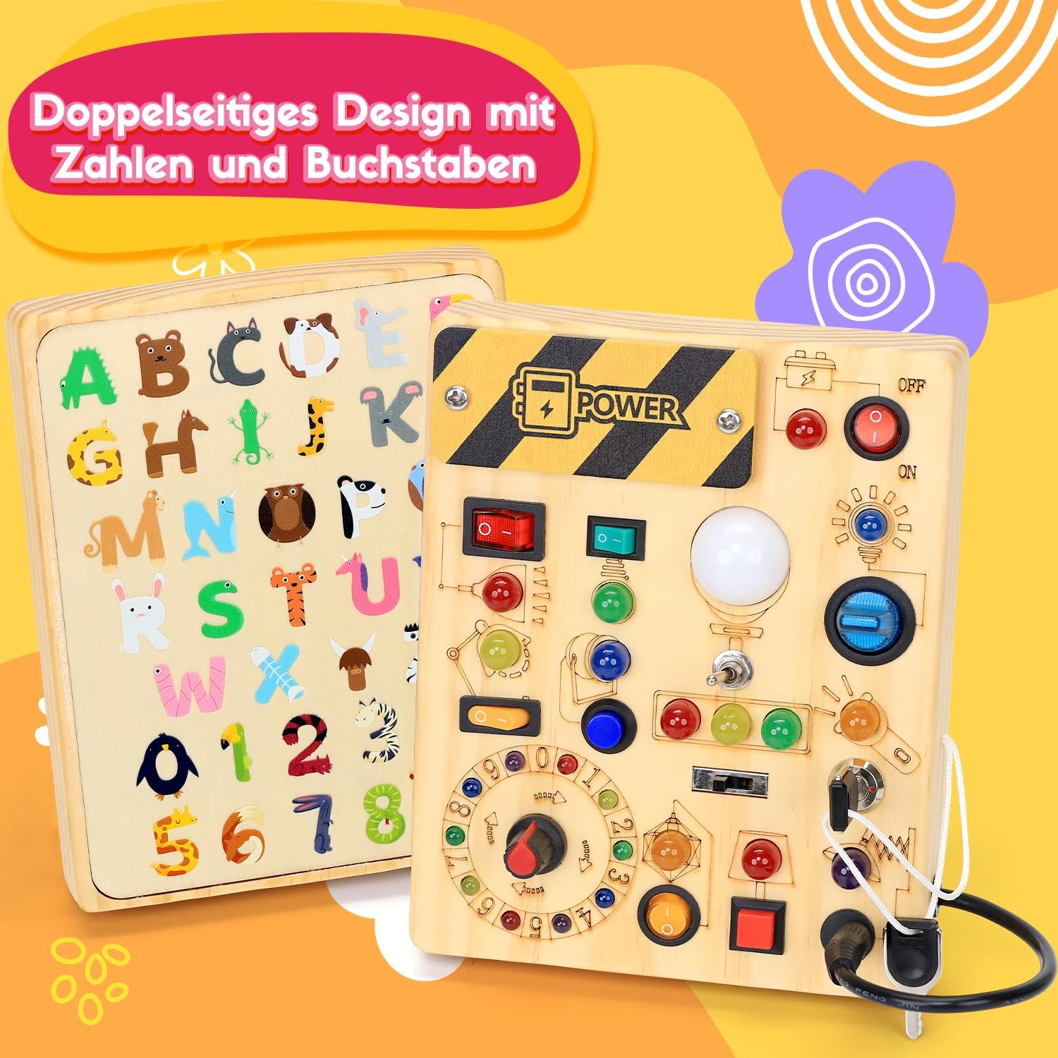 Thumbnail 3 de Montessori Busy Board ab 1 Jahr – Activity Board aus Holz mit 13 Schaltern und 24 LED-Leuchten