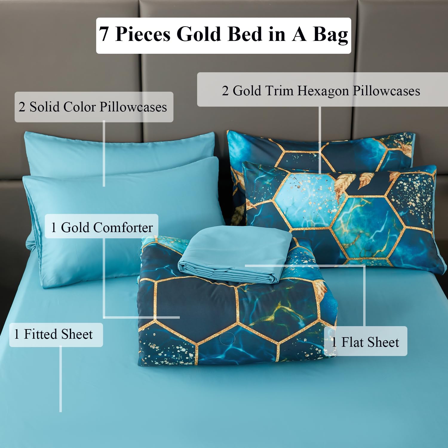 Detalle 1 de ANGIYUIN Teal Gold Bedding Set King 7pc