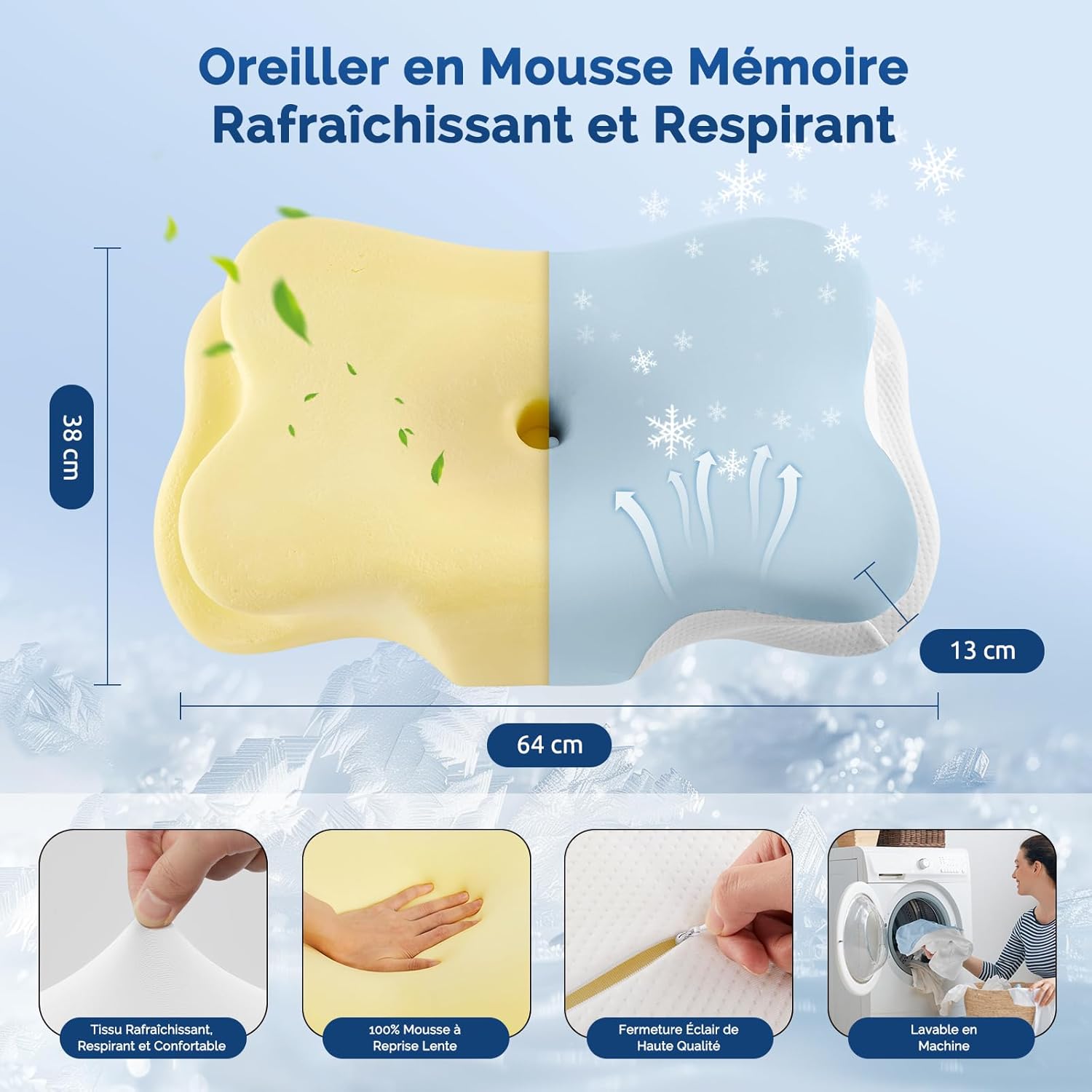 Thumbnail 1 de Silkena Oreiller Coussin Memoire de Forme – Ergonomique et Respirant, idéale pour dormir sur le côté, le dos ou le ventre (Bleu et Blanc)