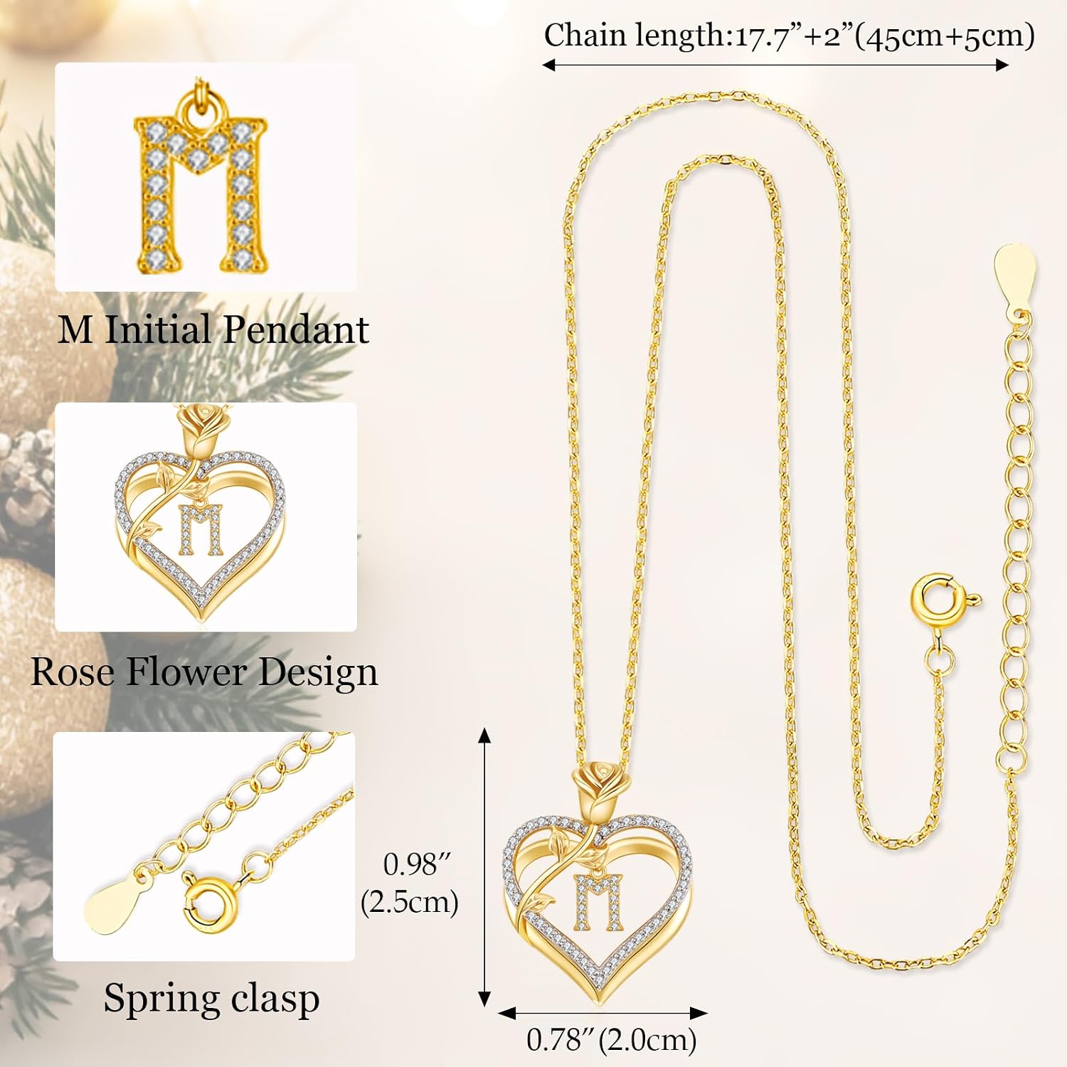 Detalle de llyish Collier personnalisé femme initiale A-Z cœur double en laiton doré et zirconia 5A