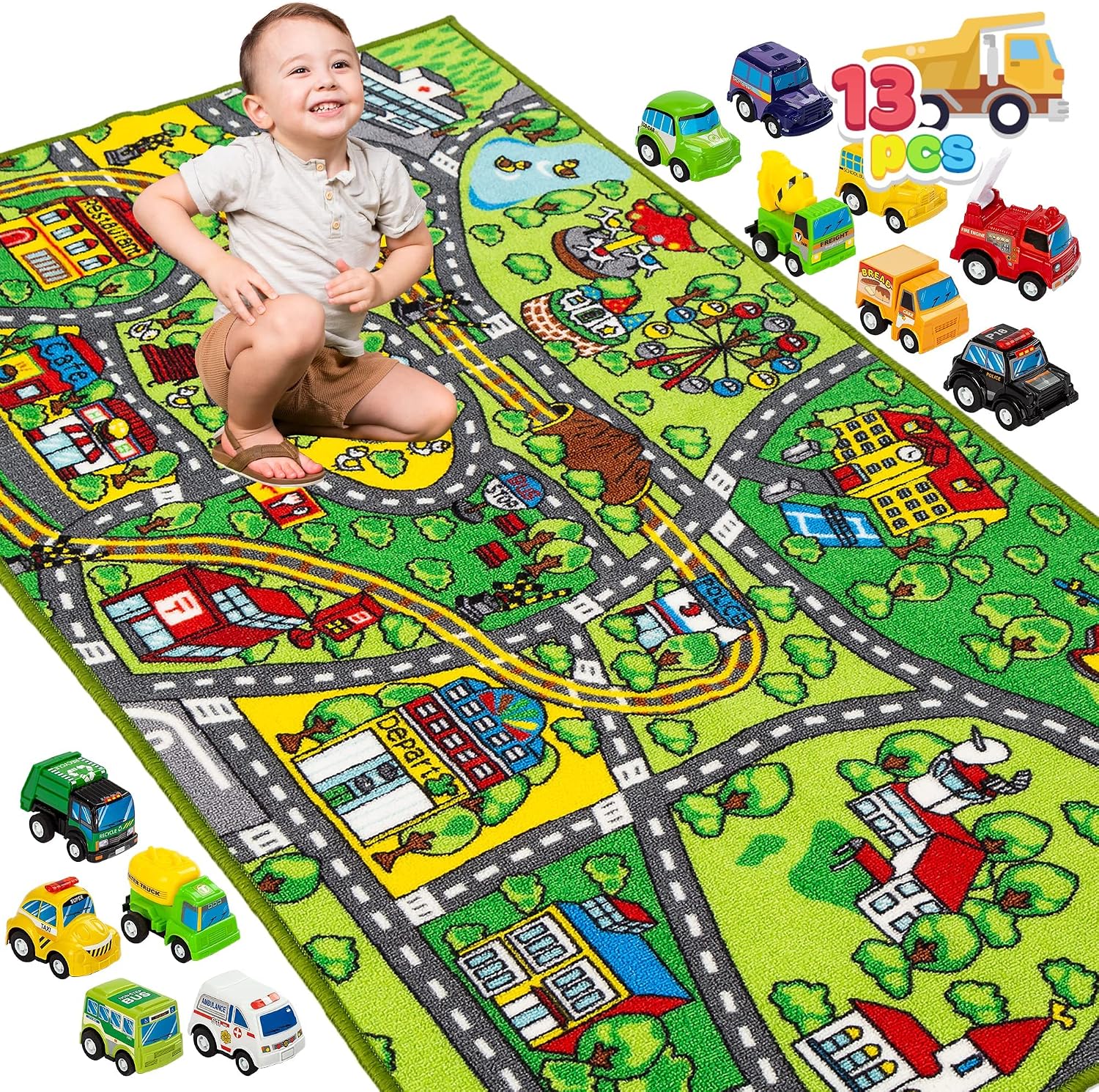 Detalle de JOYIN Kids Play Mat – Community Playmat with Road Tracks & 12 Vehicles (148x80 cm)