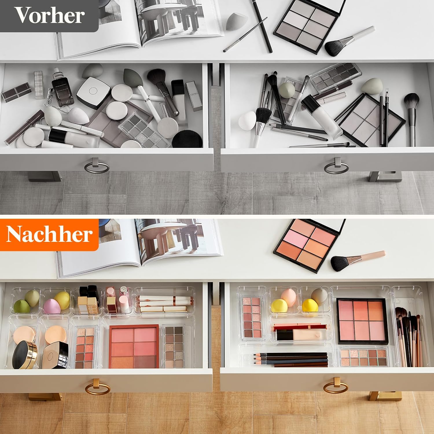 Detalle 2 de LIFEWIT 25-teiliges Schubladen-Organizer-Set — klare Kunststoff-Boxen in 4 Größen für Ordnung auf Schminktischen, Schreibtischen und Bad
