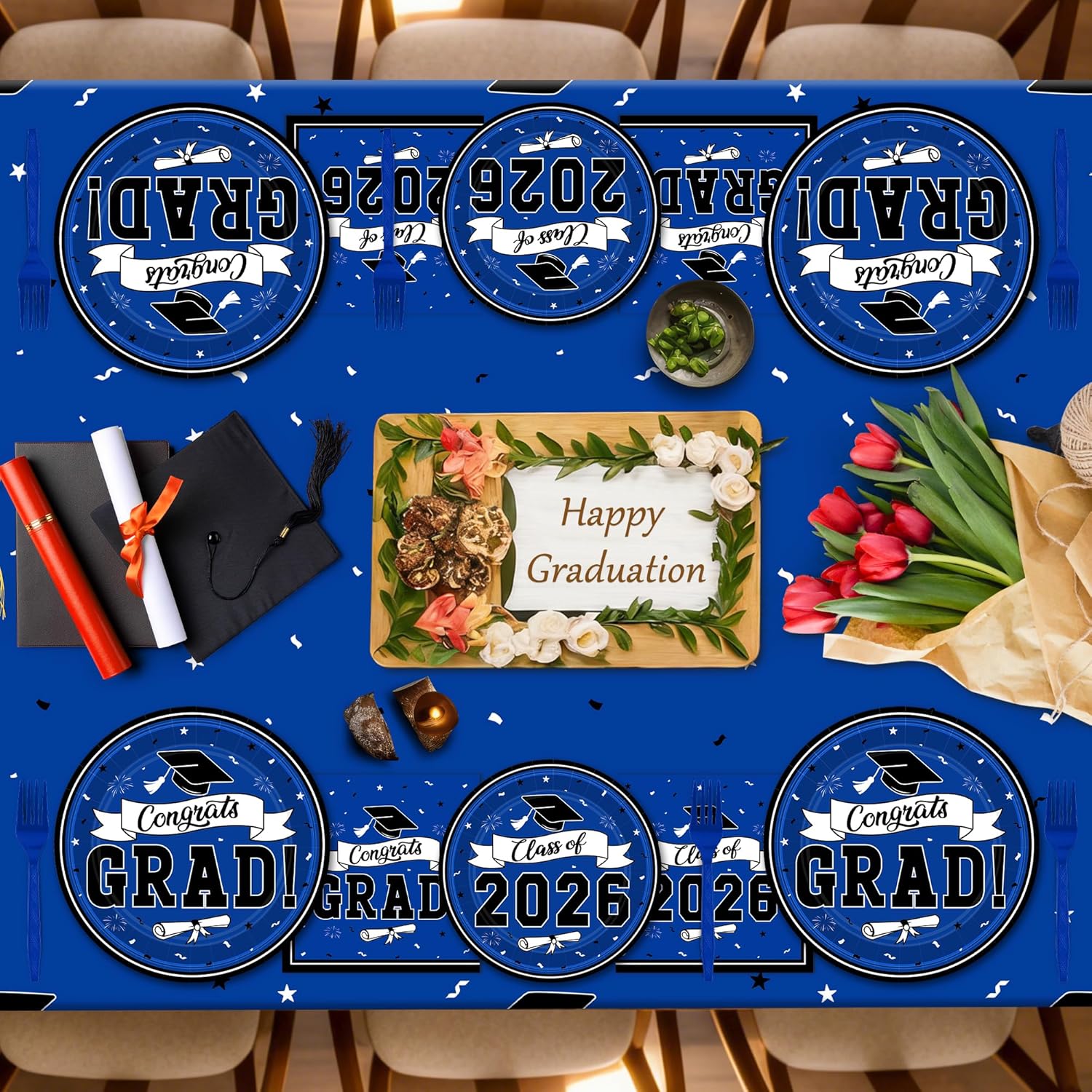 Thumbnail 4 de 122 Pcs 2026 Graduation Decorations Set: Blue Congrats Grad Dinnerware for Class of 2026 Party