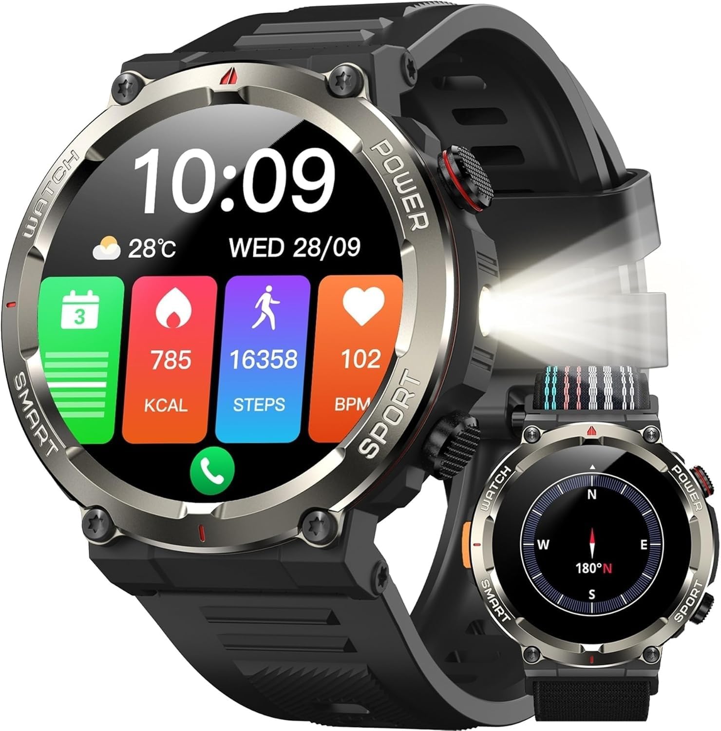 IOWODO Smartwatch Uomo: Orologio militare 1.45'' con Bussola, Torcia e Chiamate Bluetooth