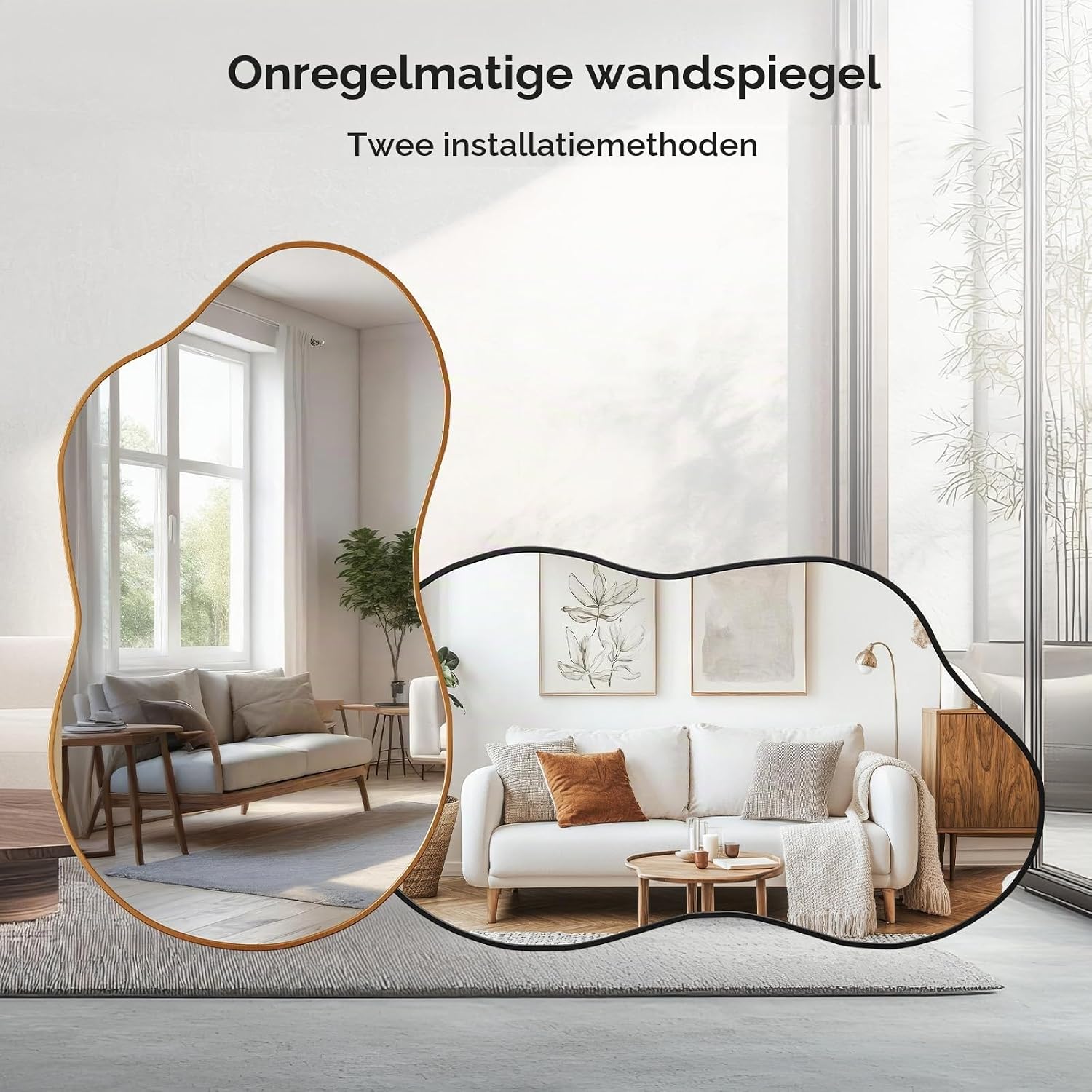 Thumbnail 6 de MAMIZO asymmetrische wandspiegel 66 x 116 cm, zwart, gehard glas en aluminium frame