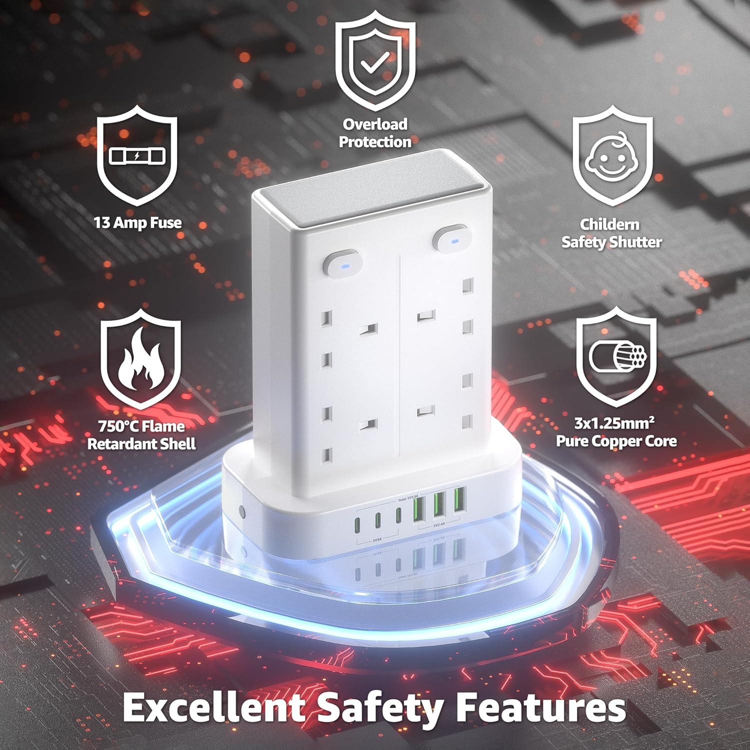 Thumbnail 3 de Tower Extension Lead with USB Slots - 8 Way Sockets, 13A, 3 USB A, 3 USB C, 1.8m Cable
