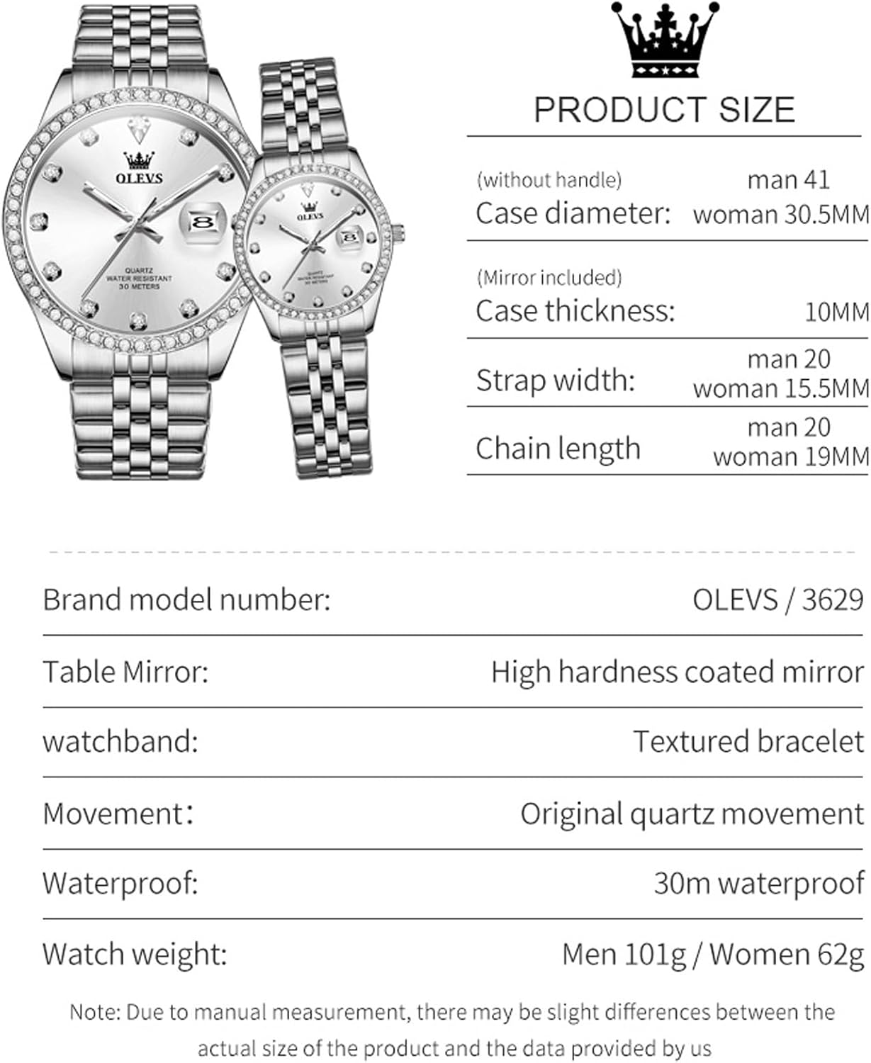 Detalle de OLEVS Paar Uhr – romantische Analoge Quarzuhr für Damen & Herren, wasserdicht & leuchtend
