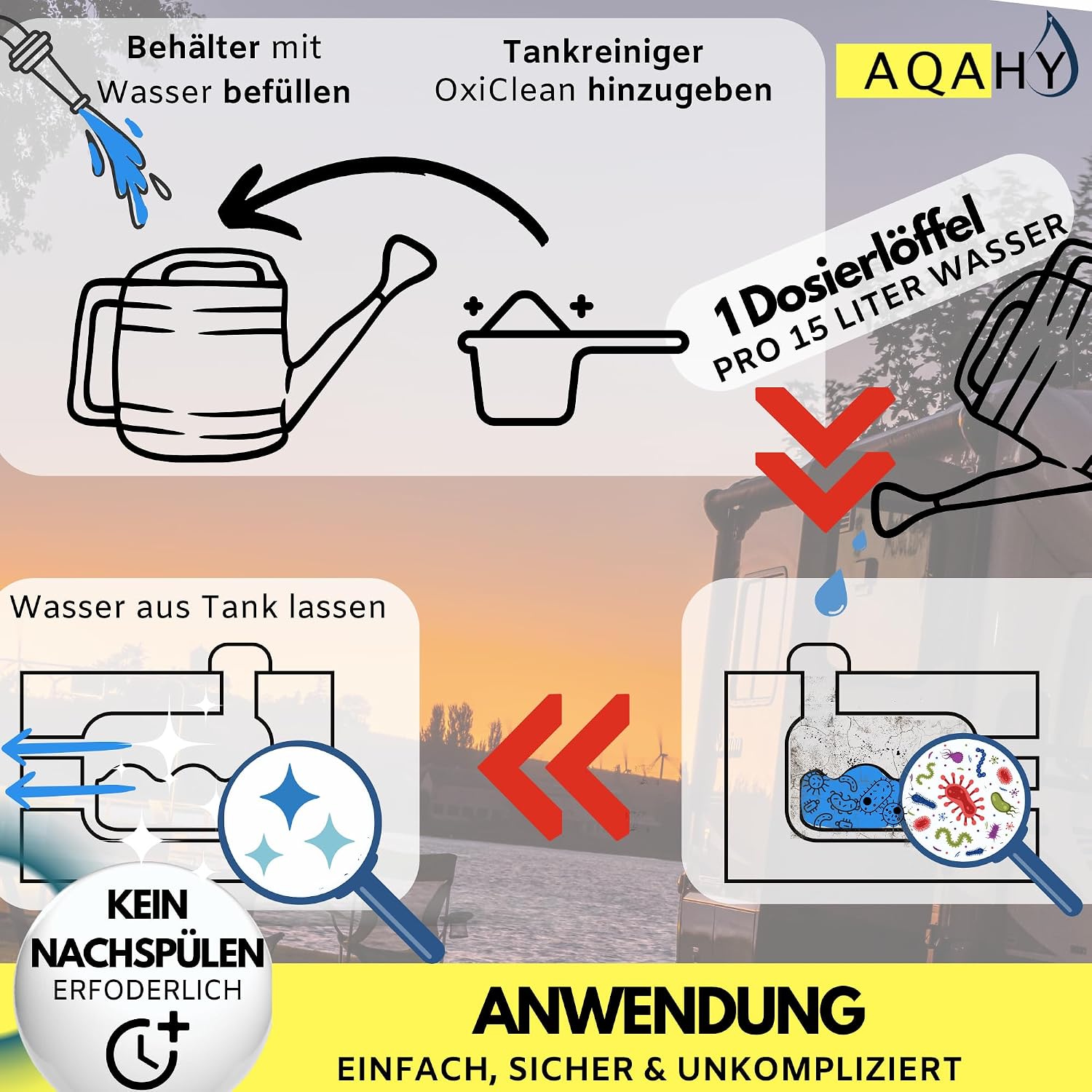 Thumbnail 4 de AQAHY Wassertank Reiniger Wohnmobil Oxi Clean (500 g) 2in1 – Frischwassertank-Reiniger & Entkalker mit Aktivsauerstoff