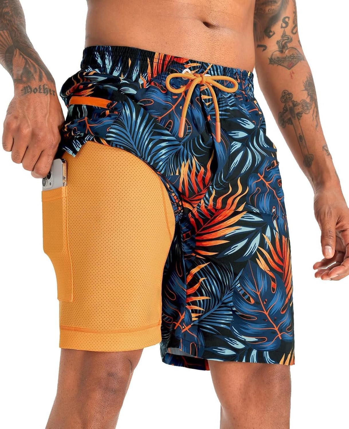 Detalle de APTRO 2-in-1 Men’s Swim Trunks 9" with Zipper Pockets (Built-in Board Shorts Liner)