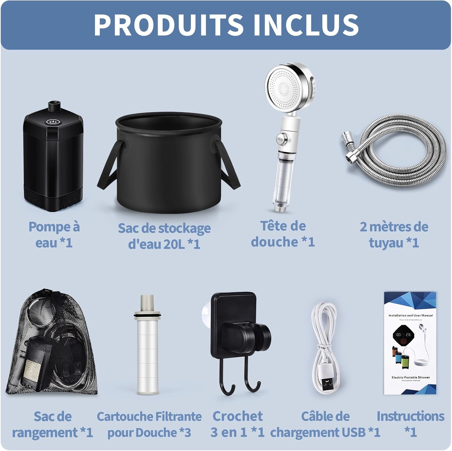 Thumbnail 6 de Douche de camping YOOHBERRYS avec filtrage triple et seau pliable 20 L, 6000 mAh, recharge USB-C