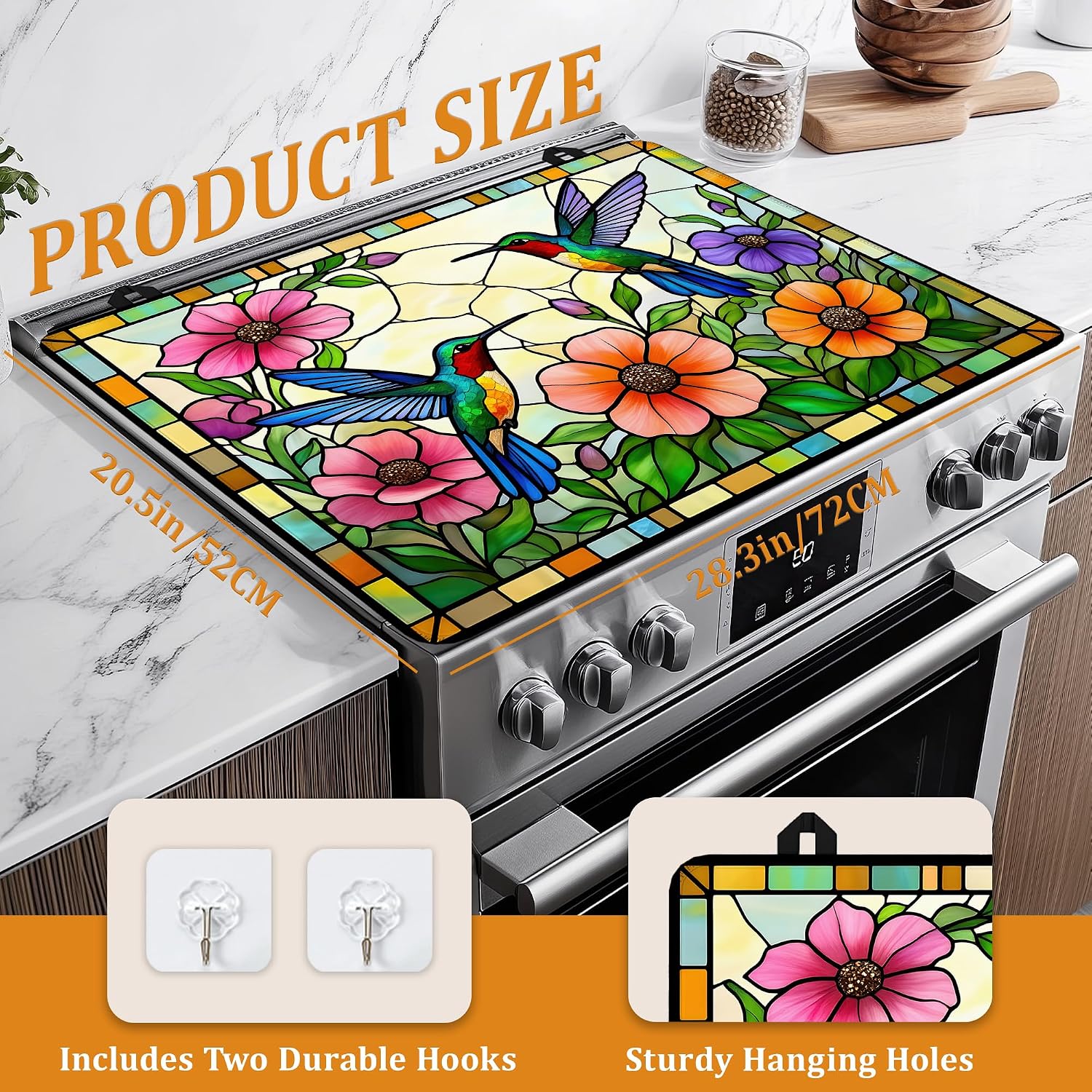 Detalle de YIKTI Vintage Hummingbird Stove Top Cover, 28 x 20 Inch, Heat-Resistant